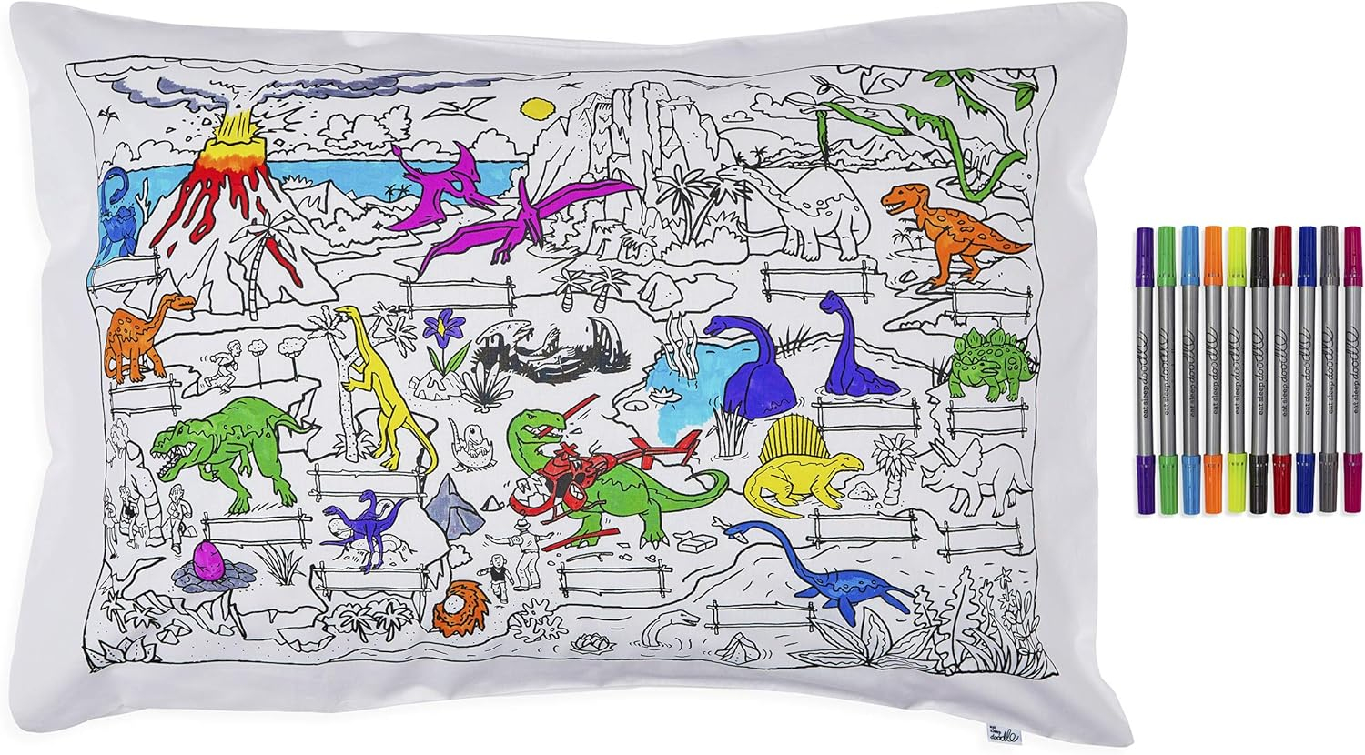 eatsleepdoodle Coloring Cotton Pillowcase with Washable Markers - Dinosaur Color in Activity Craft Kit for Boys and Girls Age 3+