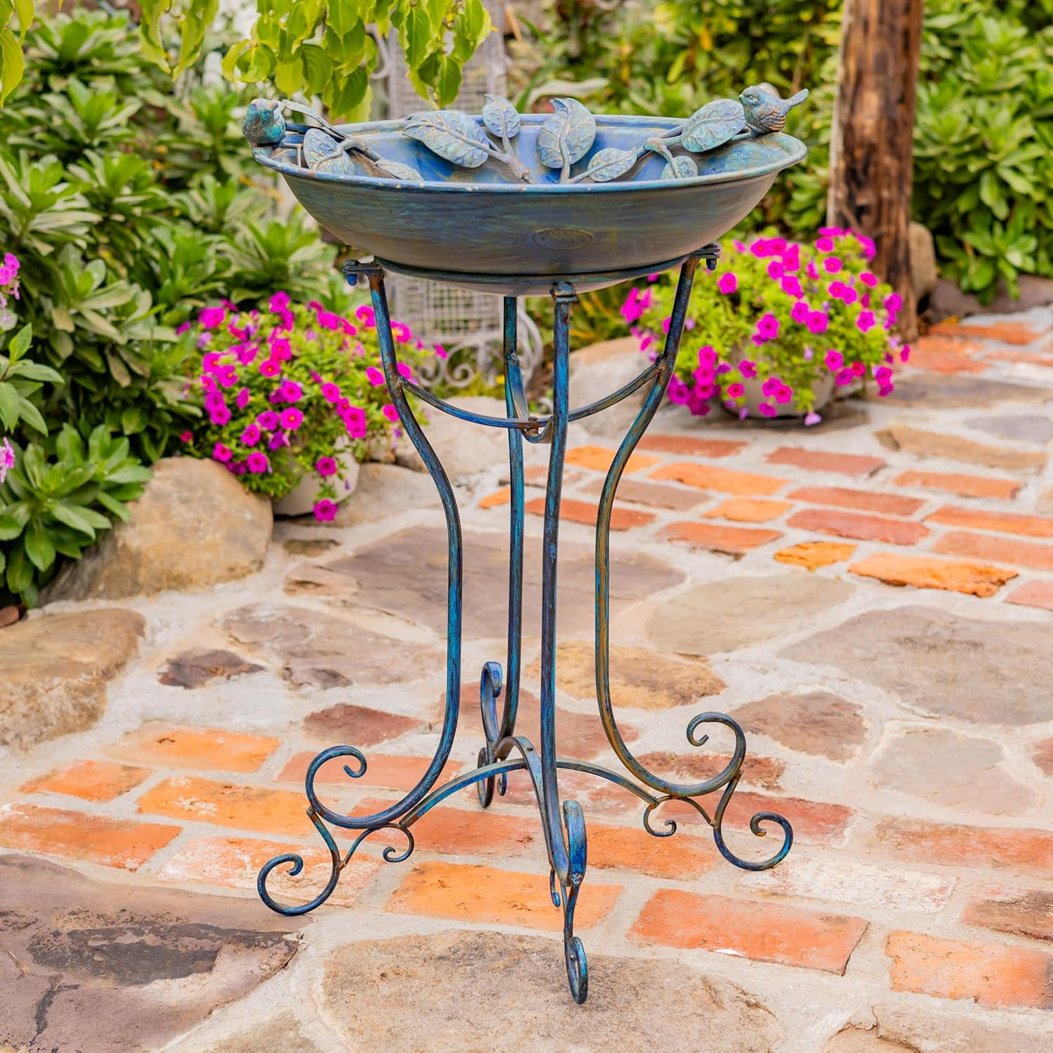 Zaer Ltd. Antique Blue Deep Round Metal Birdbath with Rose and Bird Accents