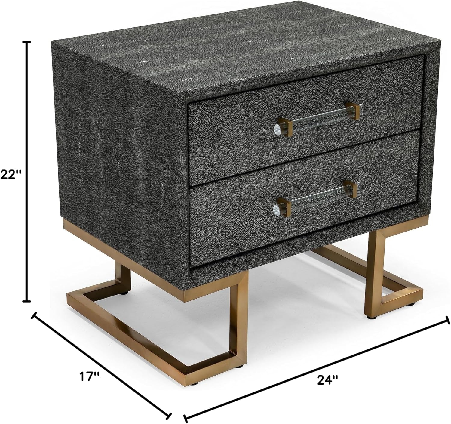 Rosard Collection Modern Bedroom Textured Leatherette Finished Nightstand with 2 Drawers, Grey, Gold
