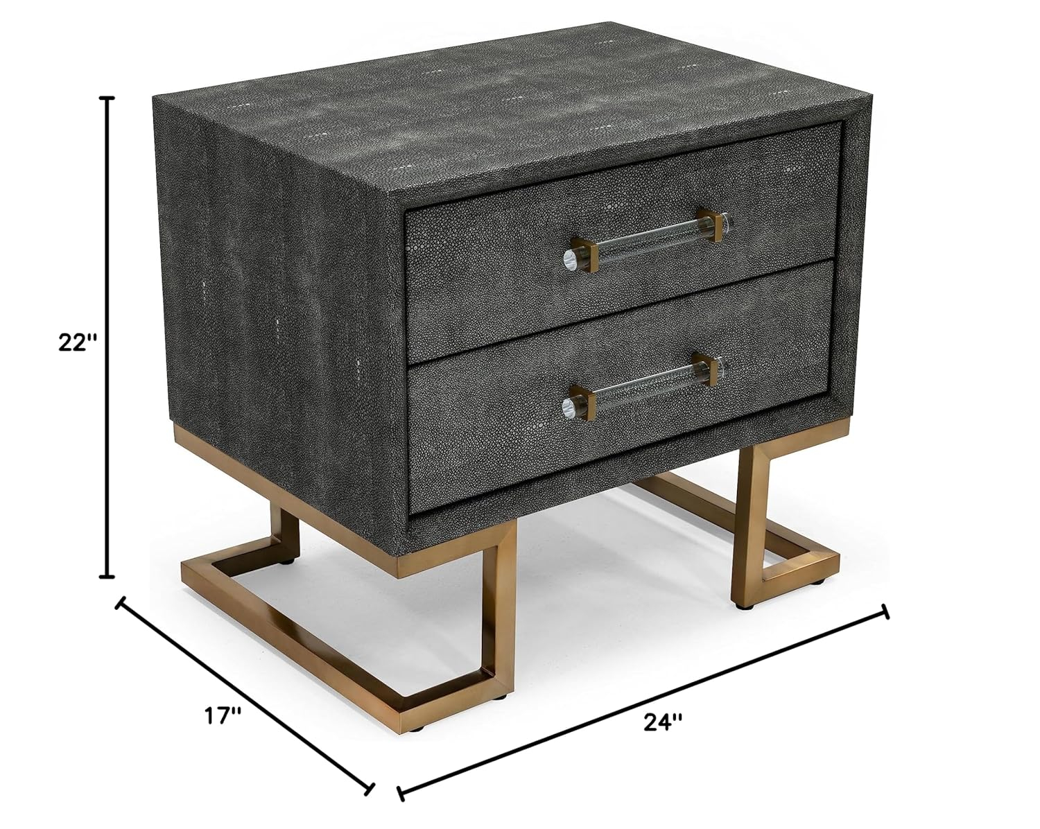 Rosard Collection Modern Bedroom Textured Leatherette Finished Nightstand with 2 Drawers, Grey, Gold