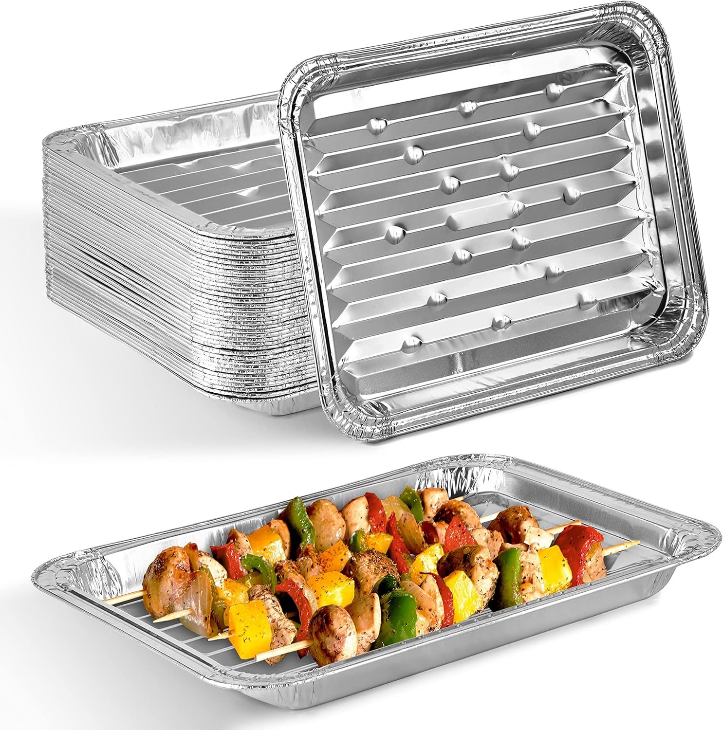 Disposable Aluminum Foil Broiler Pans (10 Pack) - Broiler Drip Pans for Oven - Durable Broiling Pans with Ribbed Bottom Surface for BBQ Grill Like Texture - 13x9 Inch Broiler Pan