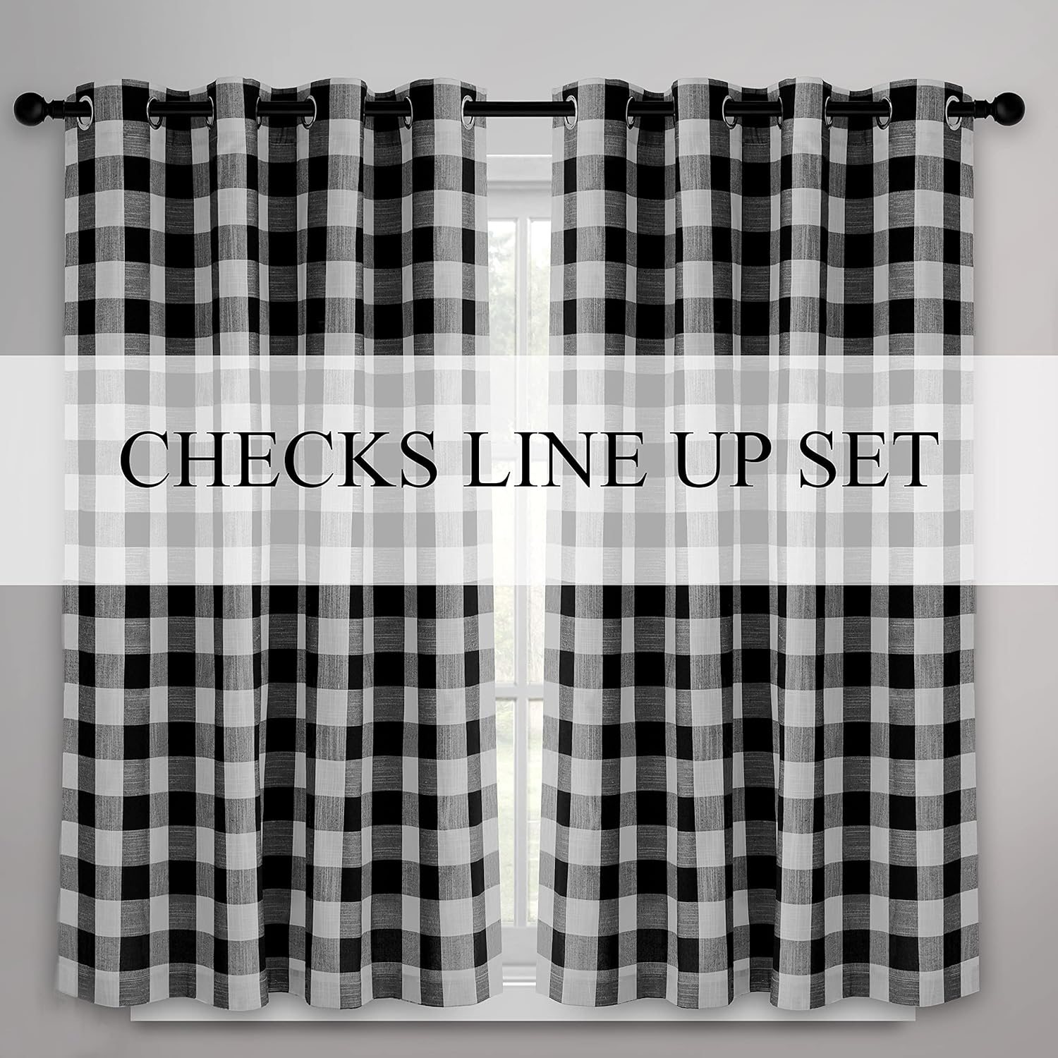 Creativesfun 2 Panels Checks Line Up Set Farmhouse Faux Linen Look Buffalo Plaid Grommet Window Curtain (Black & Cream, Panel 丨W53 X L84-INCH 2PCS)