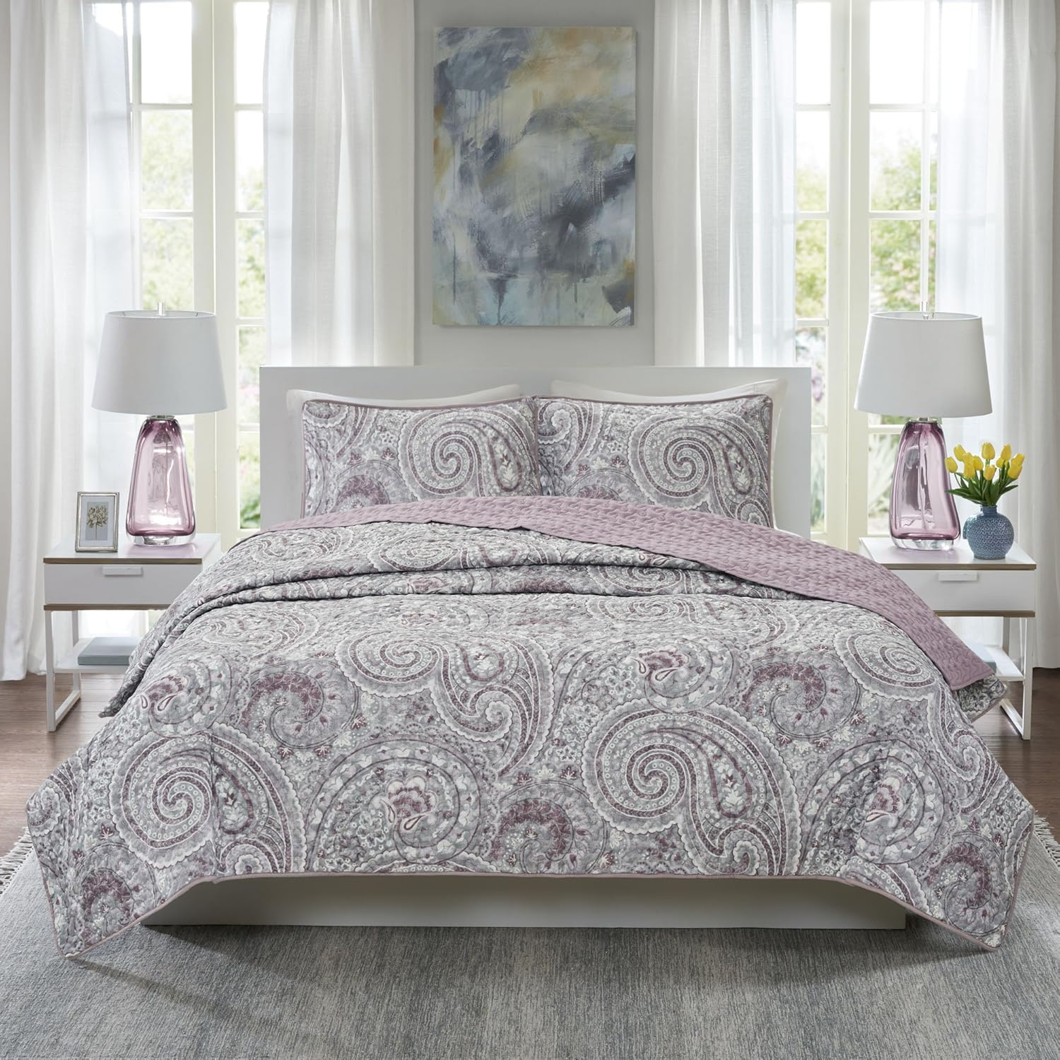 Comfort Spaces Queen Quilt Set, Reversible 3-Piece Quilt Set Set for All Season, Lightweight, Purple, Full/Queen