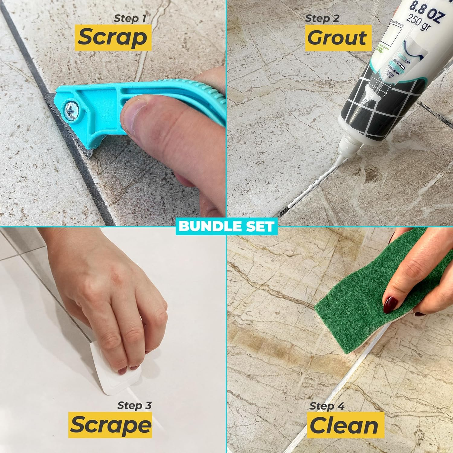PentaUSA 8.8oz Bundle Tile Grout Repair Kit with Grout Removal Tool, Premix Grout Bundle Set with Remover Saw, Sponge and Cleaner