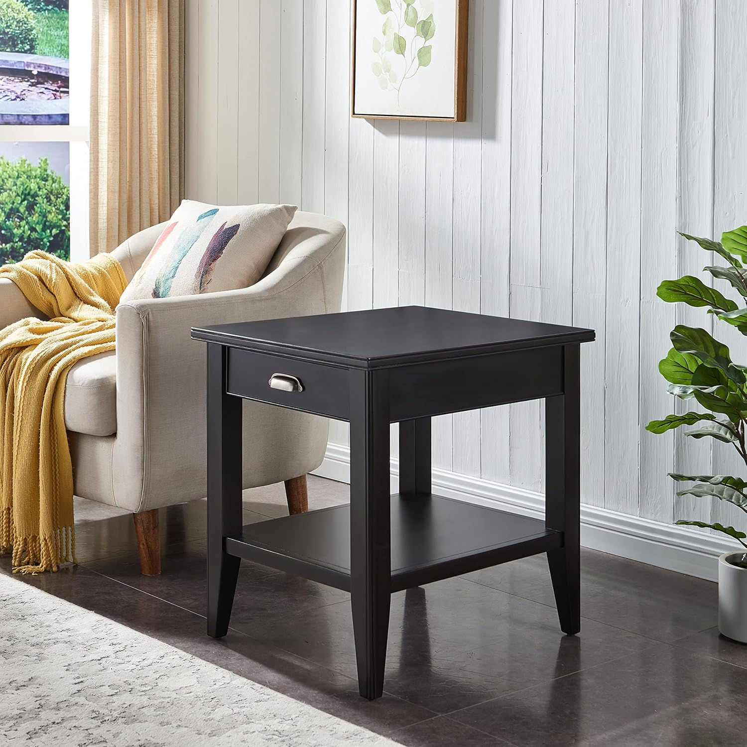Leick Home, 1-Drawer Solid Wood Laurent 20 in. End Table with Shelf, Black