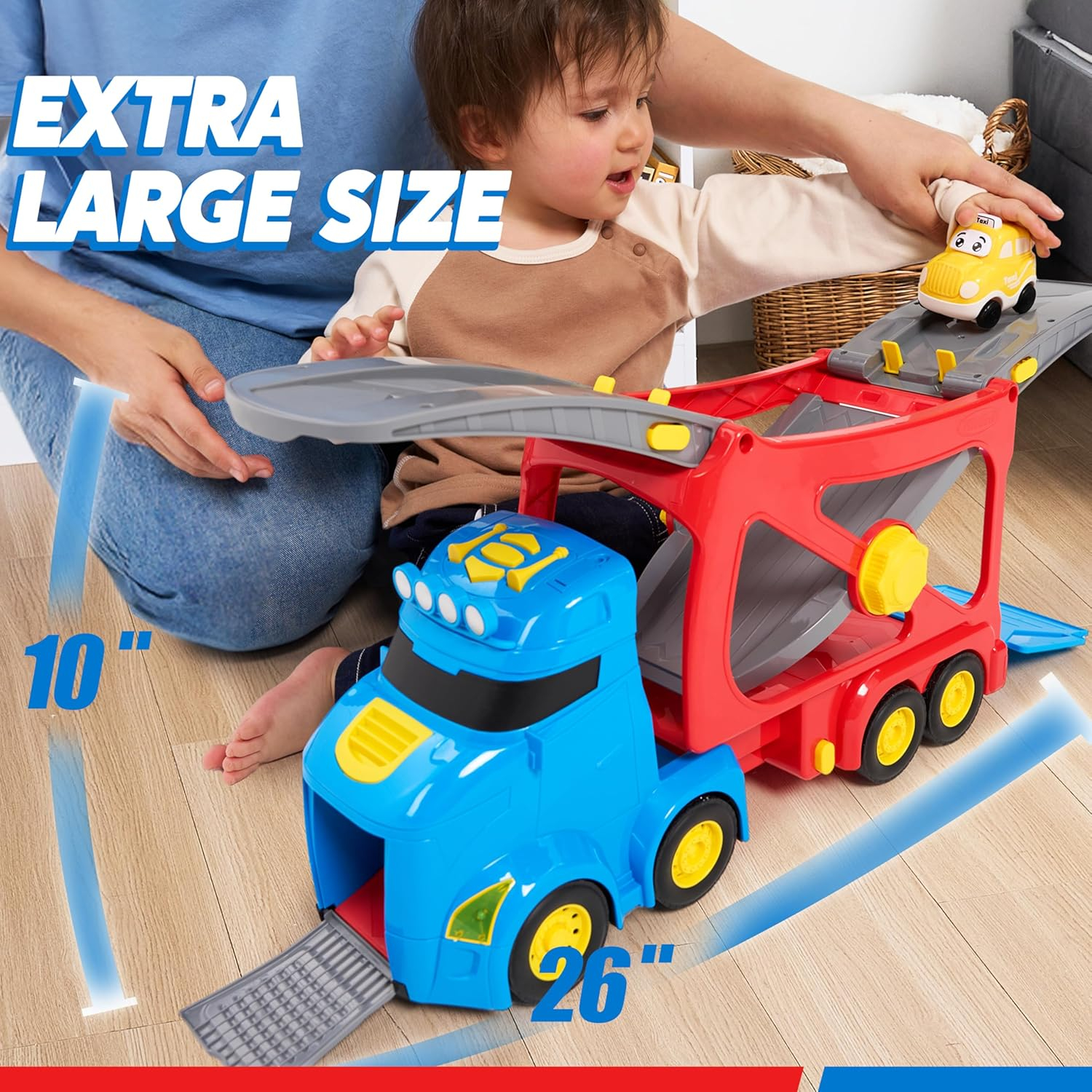 Extra Large Toy Trucks for Toddlers, 3-Layer City Trucks for 2 3 4 Year Old Kids, 7-in-1 Big Transport Vehicle Carrier Truck with Siren & Lights and 6 Toy Cars, Birthday Gifts for Boys Girls