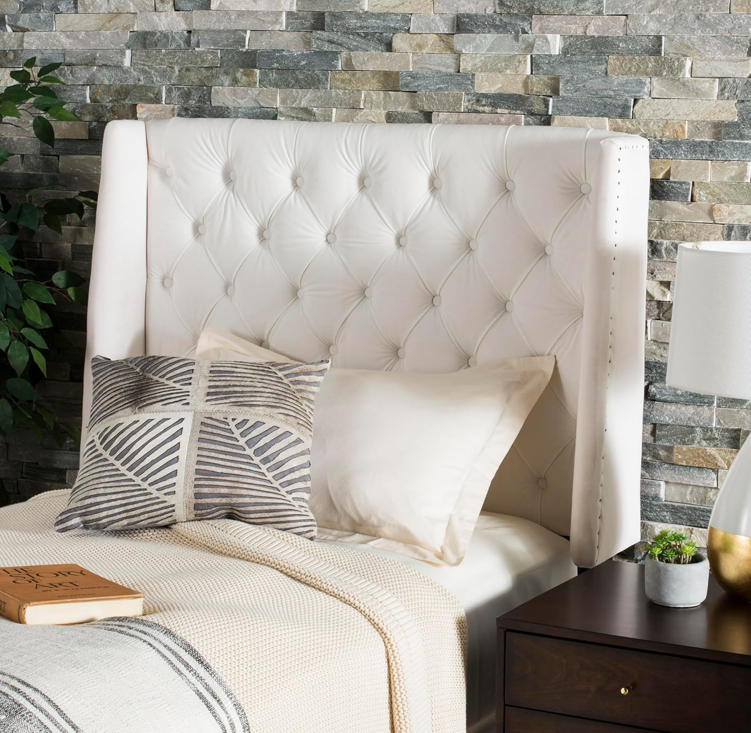 SAFAVIEH London Retro Winged Tufted Headboard with Flat Nail Heads, Queen, White