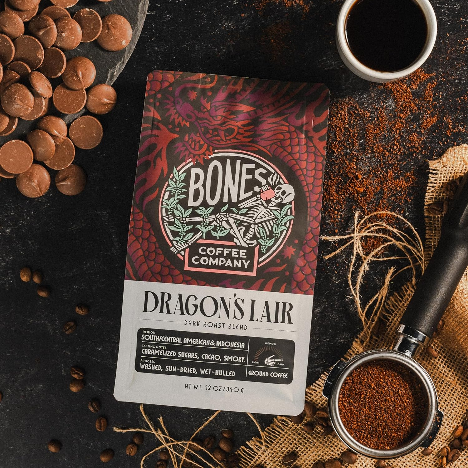 Dragon's Lair Dark Roast Ground Coffee with Smoky Cacao Notes