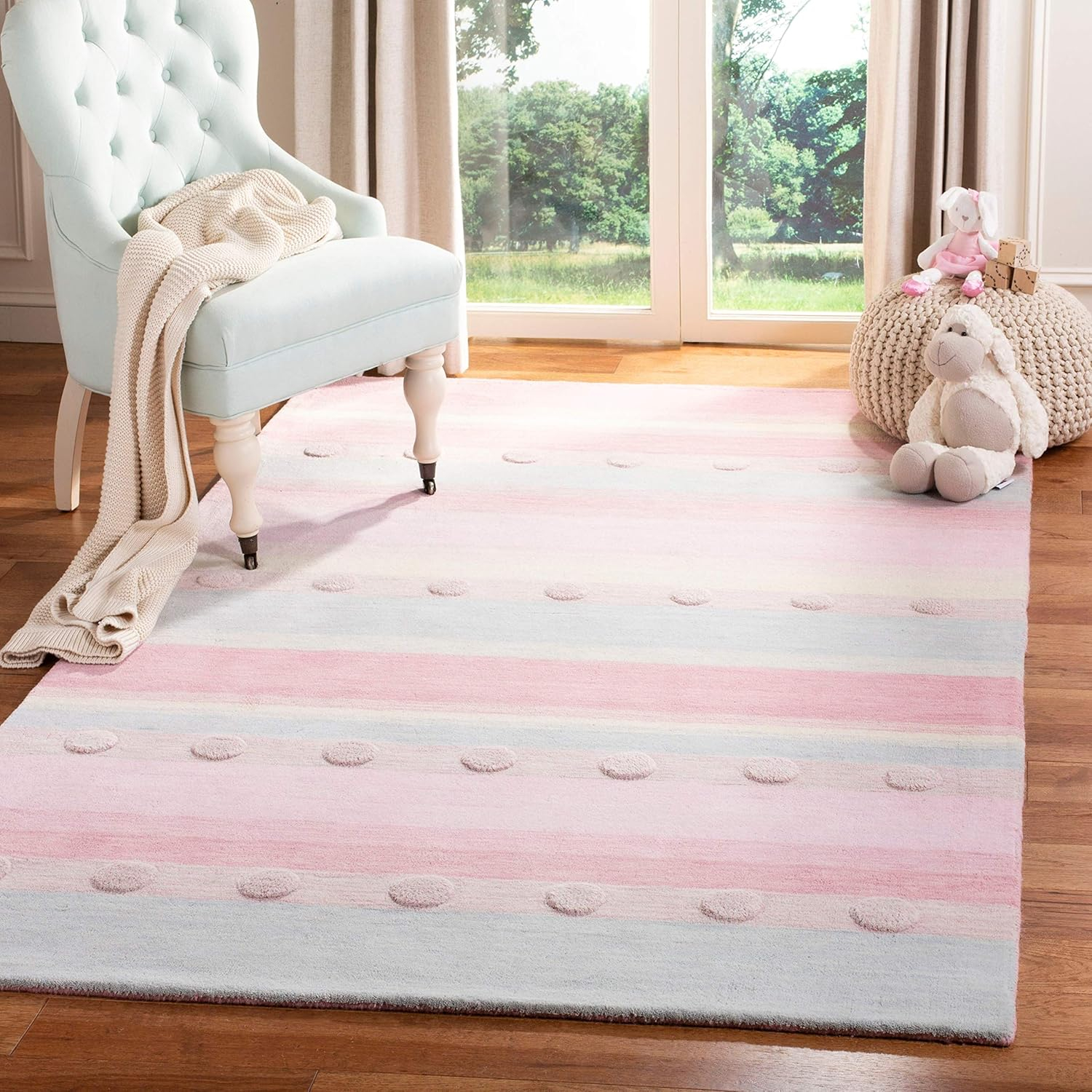 SAFAVIEH Kids Jayde Geometric Striped Wool Area Rug, Light Blue/Pink, 6' x 9'