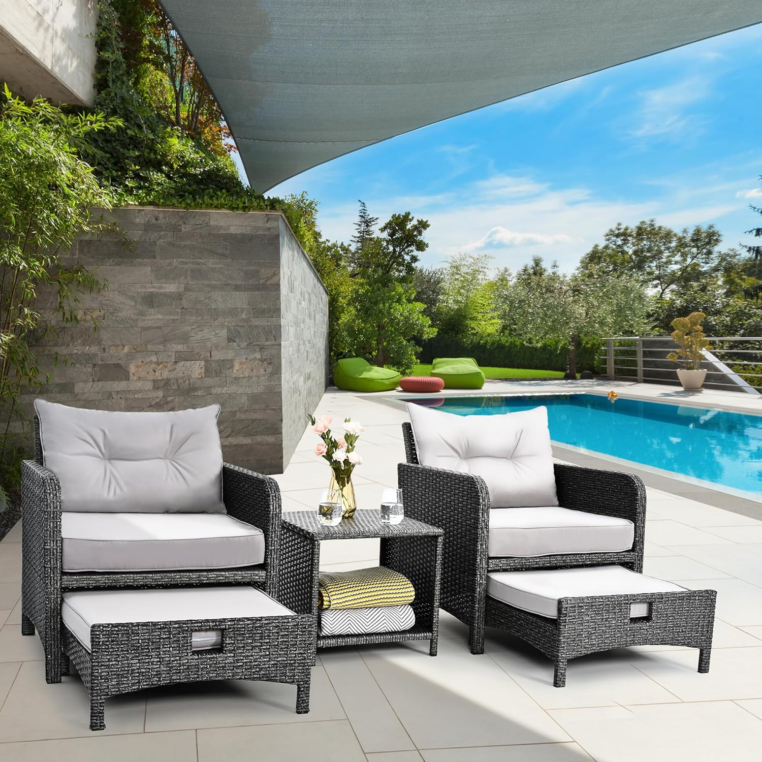 Pamapic 5 Pieces Outdoor Patio Wicker Chairs Set with Ottoman Outside Conversation Furniture Set with Cushions and Coffee for Balcony Porch Lawn Garden Table(Grey Cushion+Light Grey Rattan)