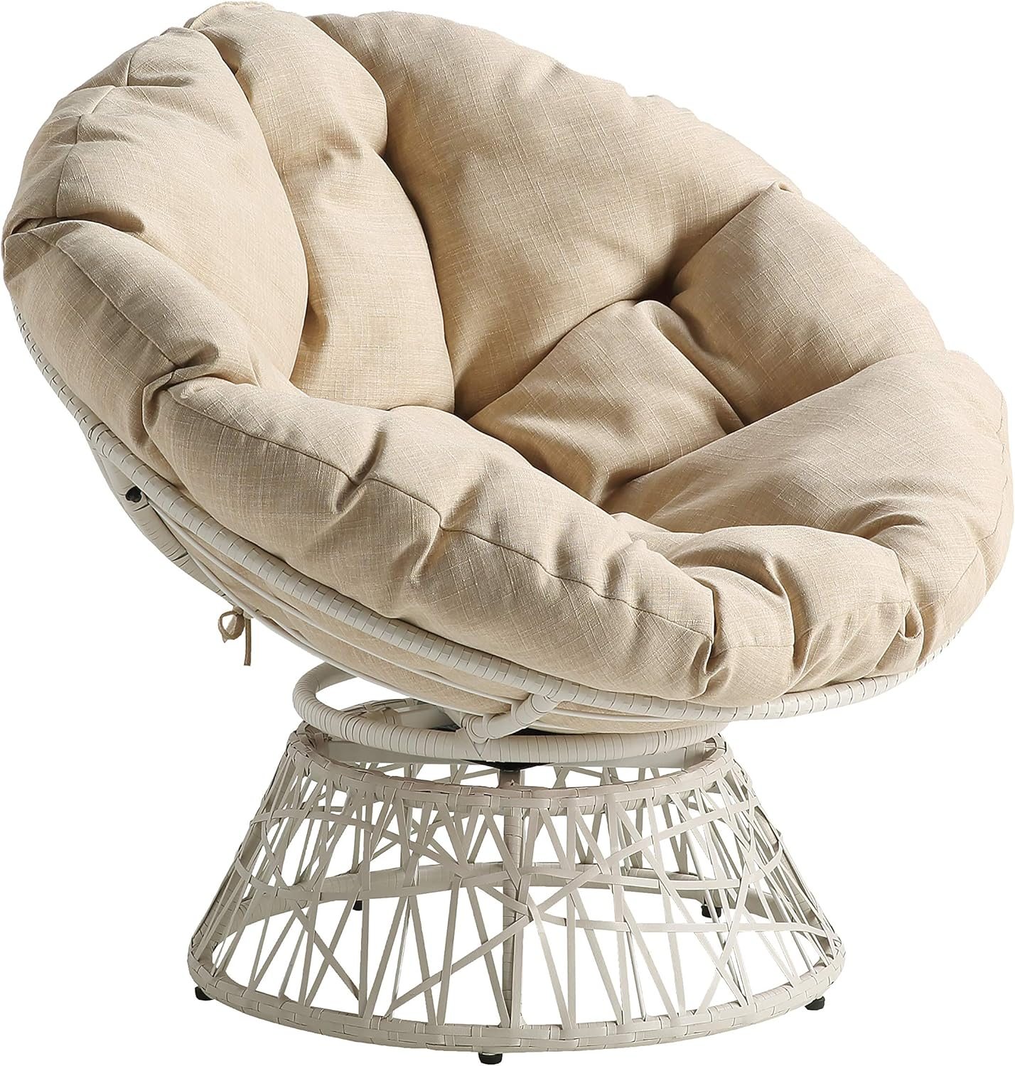 Papasan Chair with Cream Round Fabric Pillow Cushion and Cream Wicker Weave