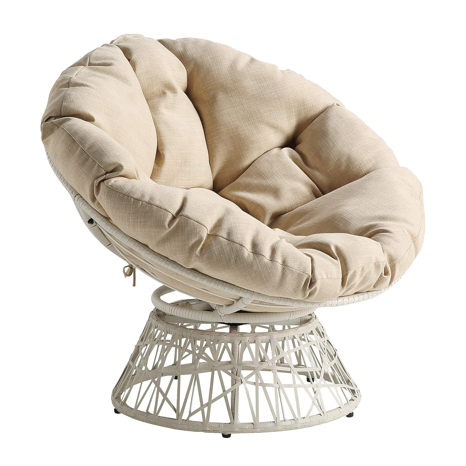 Papasan Chair with Cream Round Fabric Pillow Cushion and Cream Wicker Weave