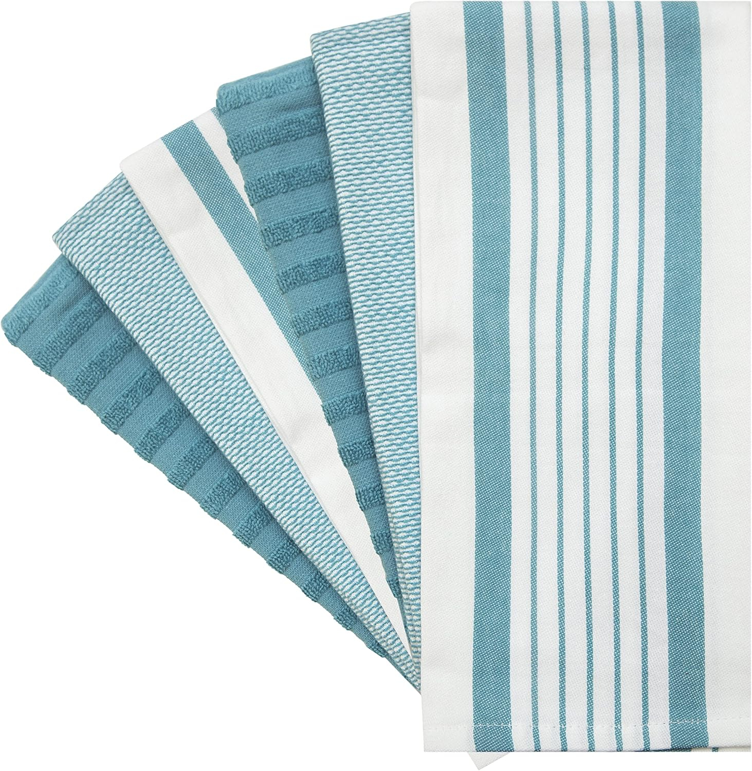 Premium Kitchen Towels 20”x 28”- 6 Pack| Large Cotton Kitchen Towels | Hand Towels for Kitchen | Flat & Terry Towel | Dish Towels | Highly Absorbent Tea Towels Set with Hanging Loop | Aqua Striped