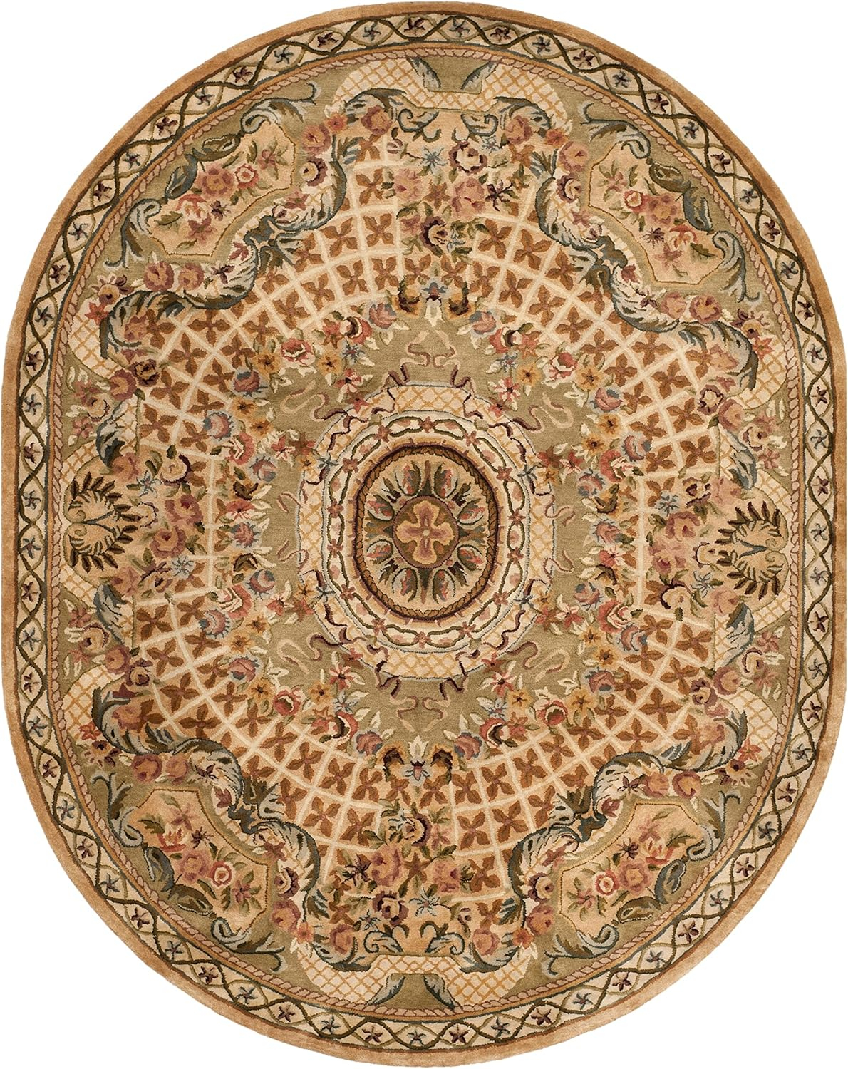 SAFAVIEH Classic Chandler Floral Bordered Wool Area Rug, Taupe/Light Green, 7'6" x 9'6" Oval