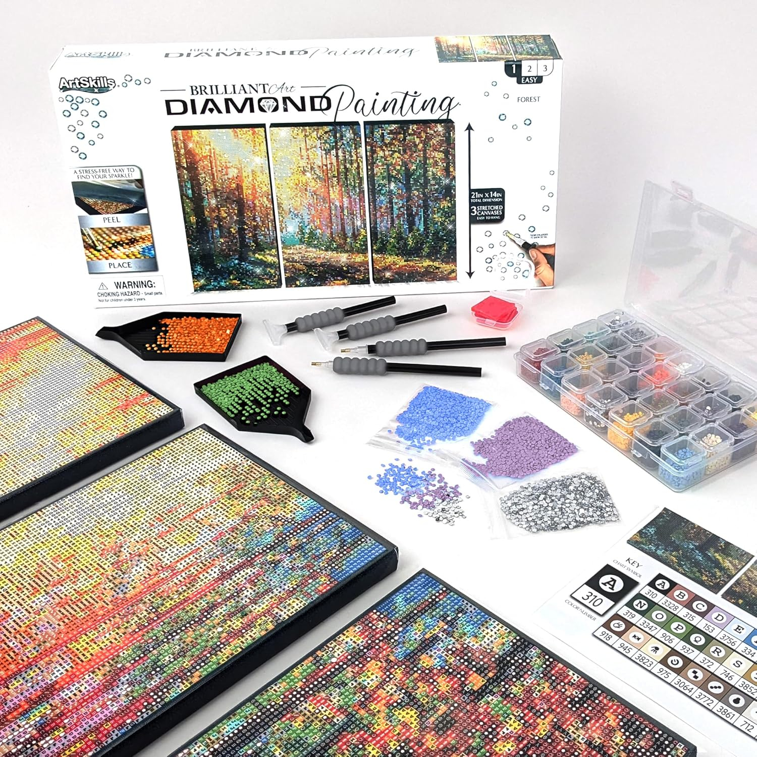 ArtSkills Diamond Painting Kit, Diamond Art Ready to Hang Framed Canvas with Storage and Accessory Kit, Forest, 3 Stretched Canvas Panels, 14” x 7” Each