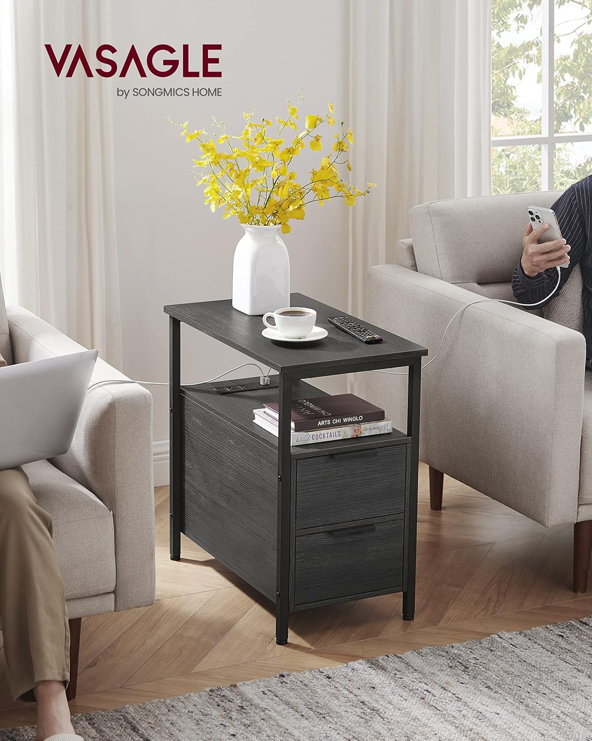Side Table with Charging Station, Narrow End Table with 2 Drawers, Slim Nightstand and Bedside Table with Storage, for Small Spaces, Black ULET321B22