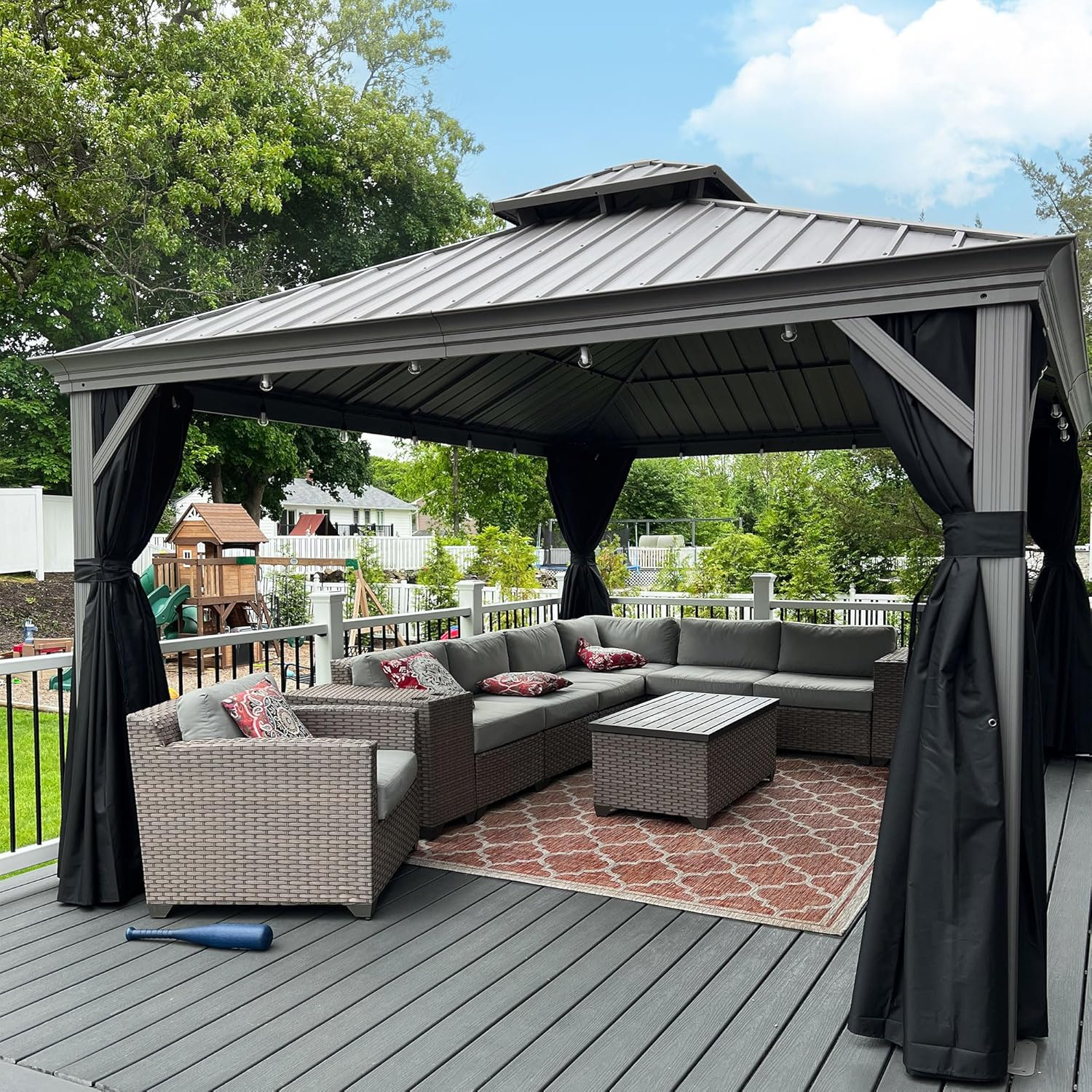 Light Grey 12' x 16' Hardtop Aluminum Gazebo with String Lights