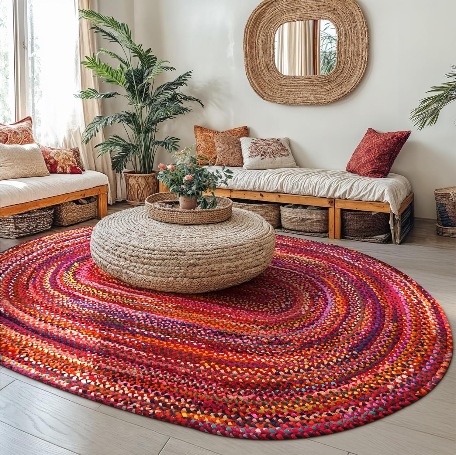 Homespice Chindi Rug 8x10' Made from Colorful Chindi Fabric, The Perfect Indoor and Handmade Chindi Rugs and Red Rug for Kids Room, Study Room, and Bedroom