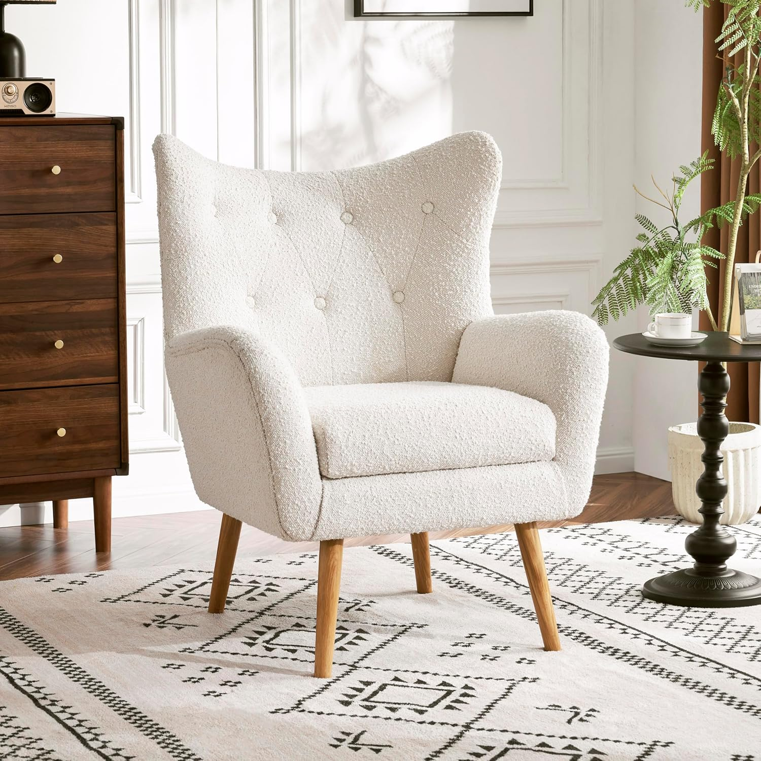 Christopher Knight Home Faschia Mid Century Accent Chair, Boucle Textured Arm Chair, Upholstered Single Sofa, Tufted Reading Chair, Indoor Backrest Chair for Living Room, Home Rest, White + Oak