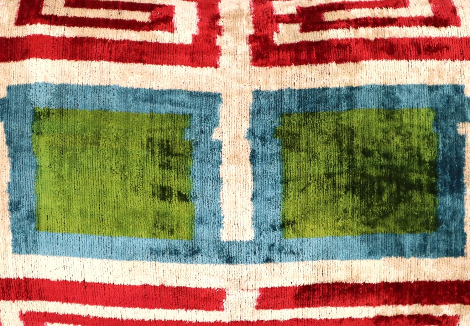 Handmade Luxury Velvet Throw Pillow with Down Feather Insert, 16"x24", Red, Green, Blue, and Cream Geometric Pattern, Decorative Cushion for Living Room, Bedroom, and Home Décor