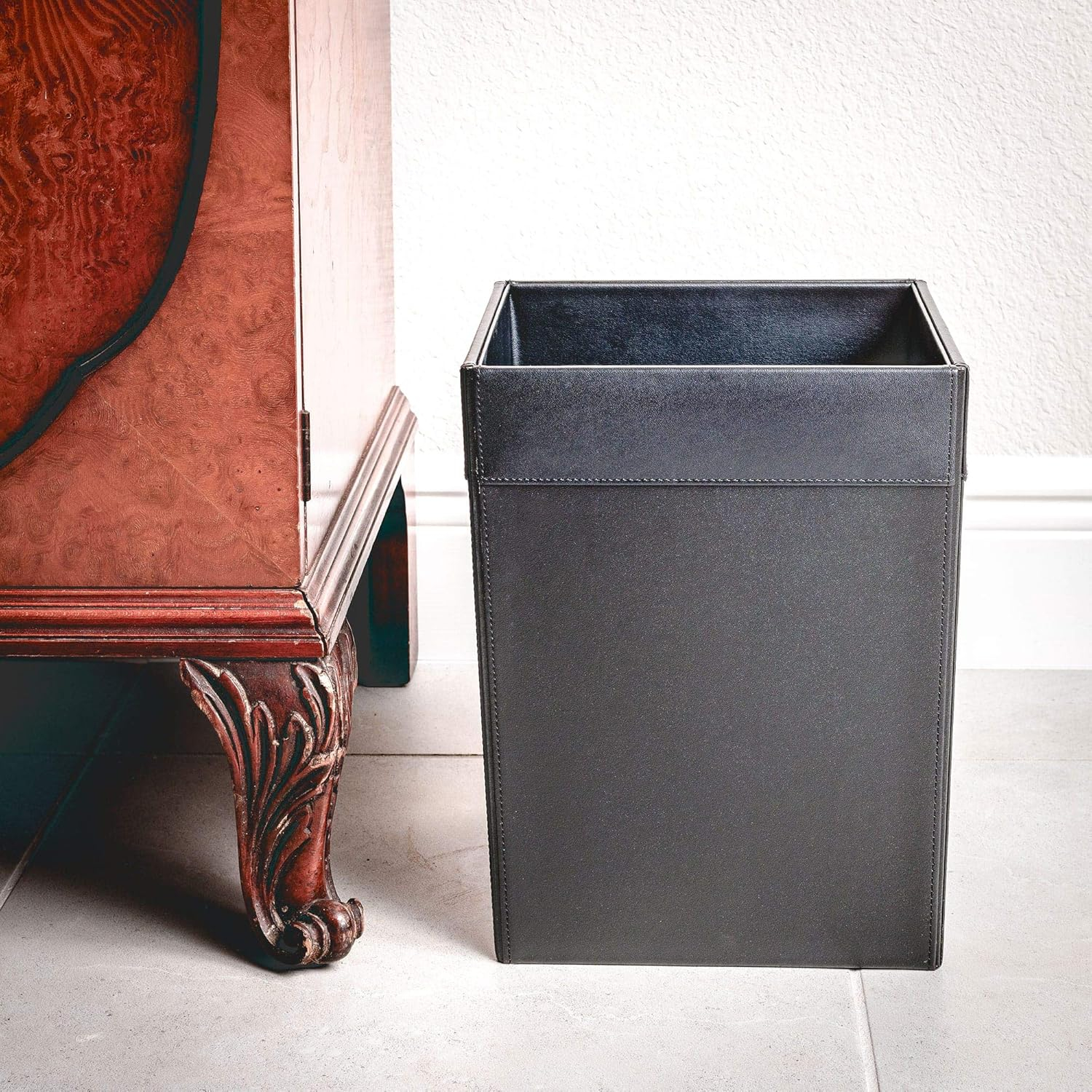 Classic Black Leather Square Waste Basket