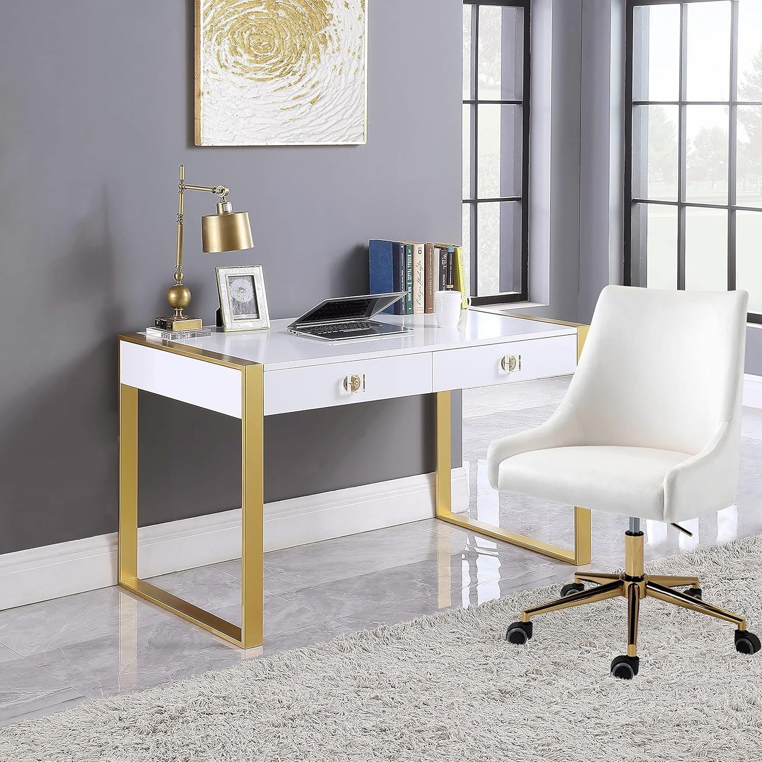 Meridian Furniture 427-T Victoria Collection Modern | Contemporary White Lacquer Desk | Console Table with Brushed Gold Base & Acrylic Handles