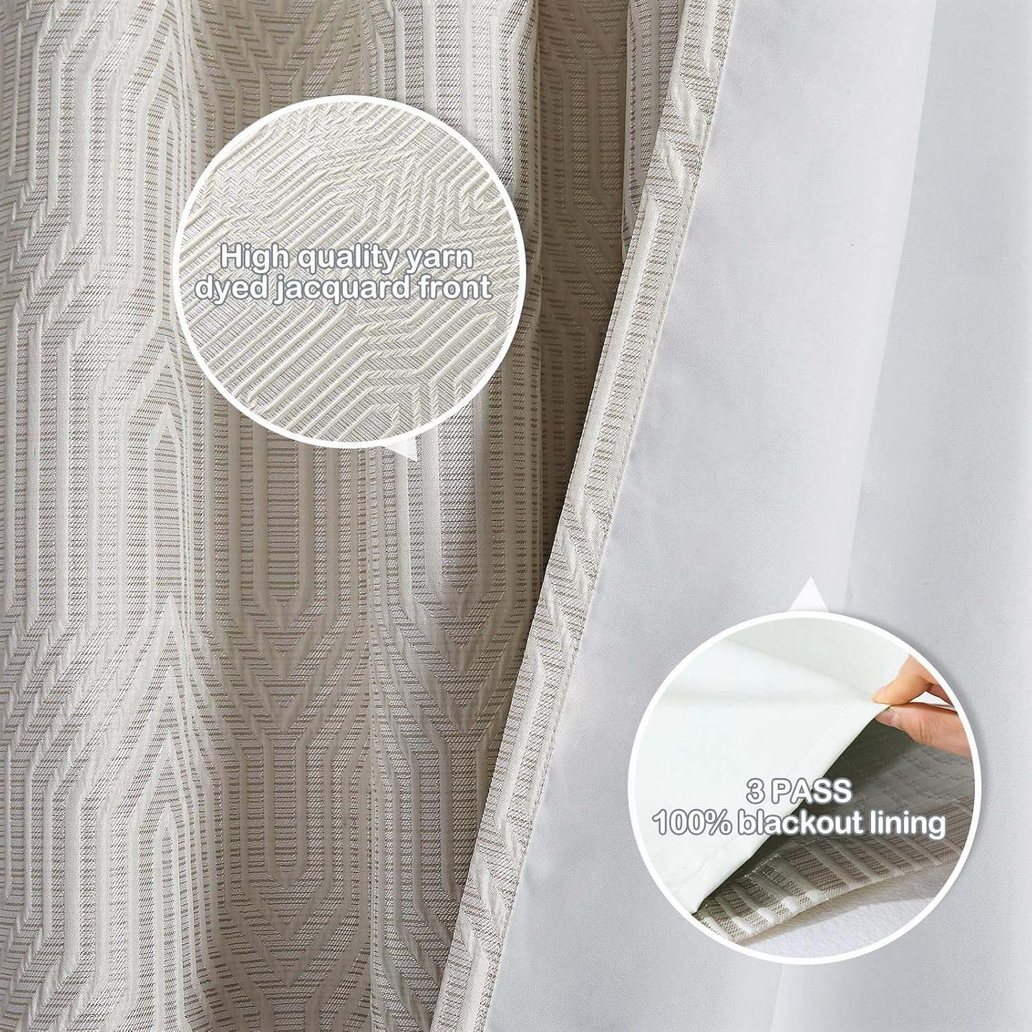 Beige and Silvery 100% Blackout Jacquard Geometric Pattern Curtains,52 Inch Wide 96 Inches Long 2 Panels, Thermal Insulated Noise Reducing Anti-Rust Grommet Drapes for Bedroom Living Room, Cream