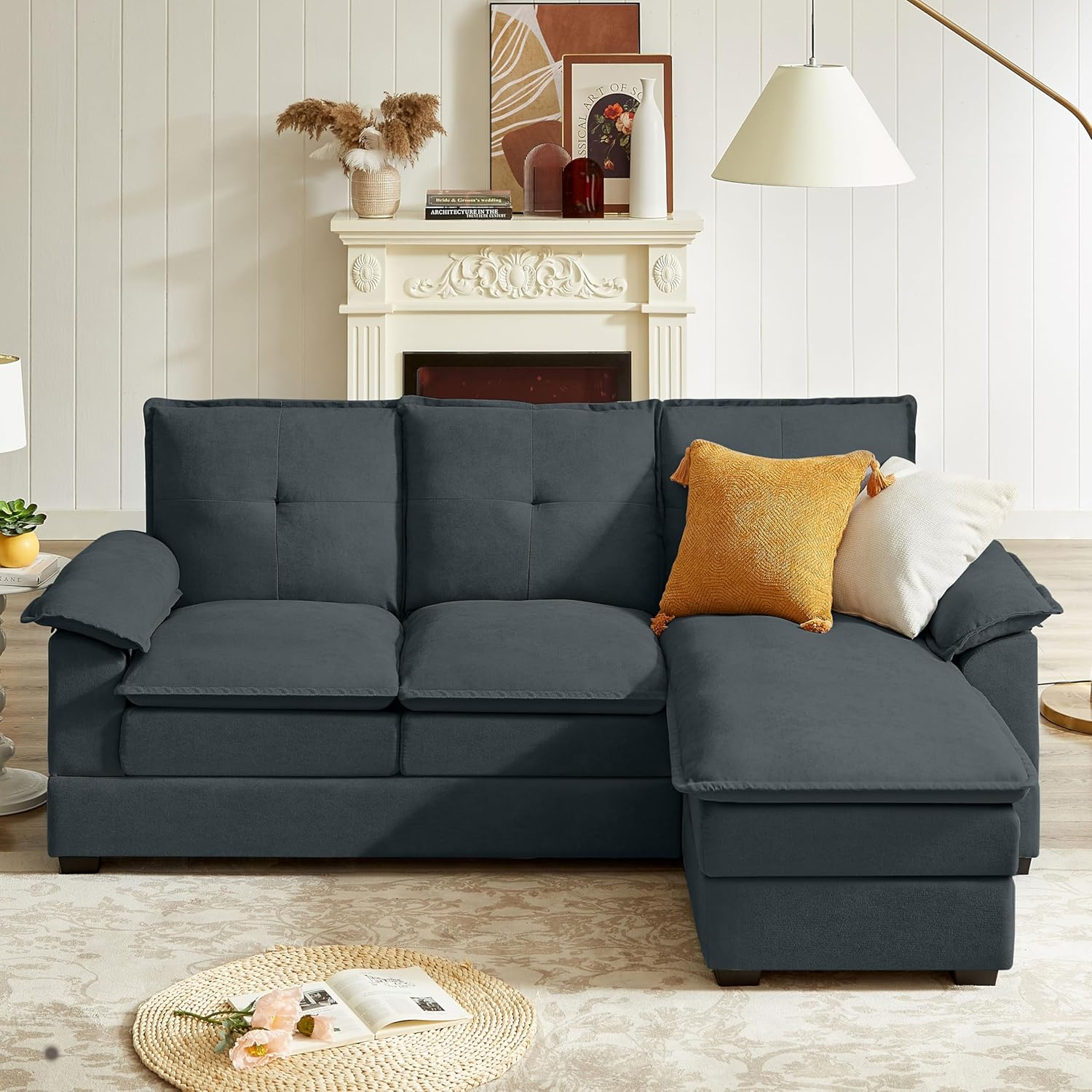 82" Convertible Sectional Sofa, L-Shaped Comfy Cloud Couch with Reversible Chaise and Padded Armrests, Modern Polyester 3 Seat Sofa Couches for Living Room (Green)