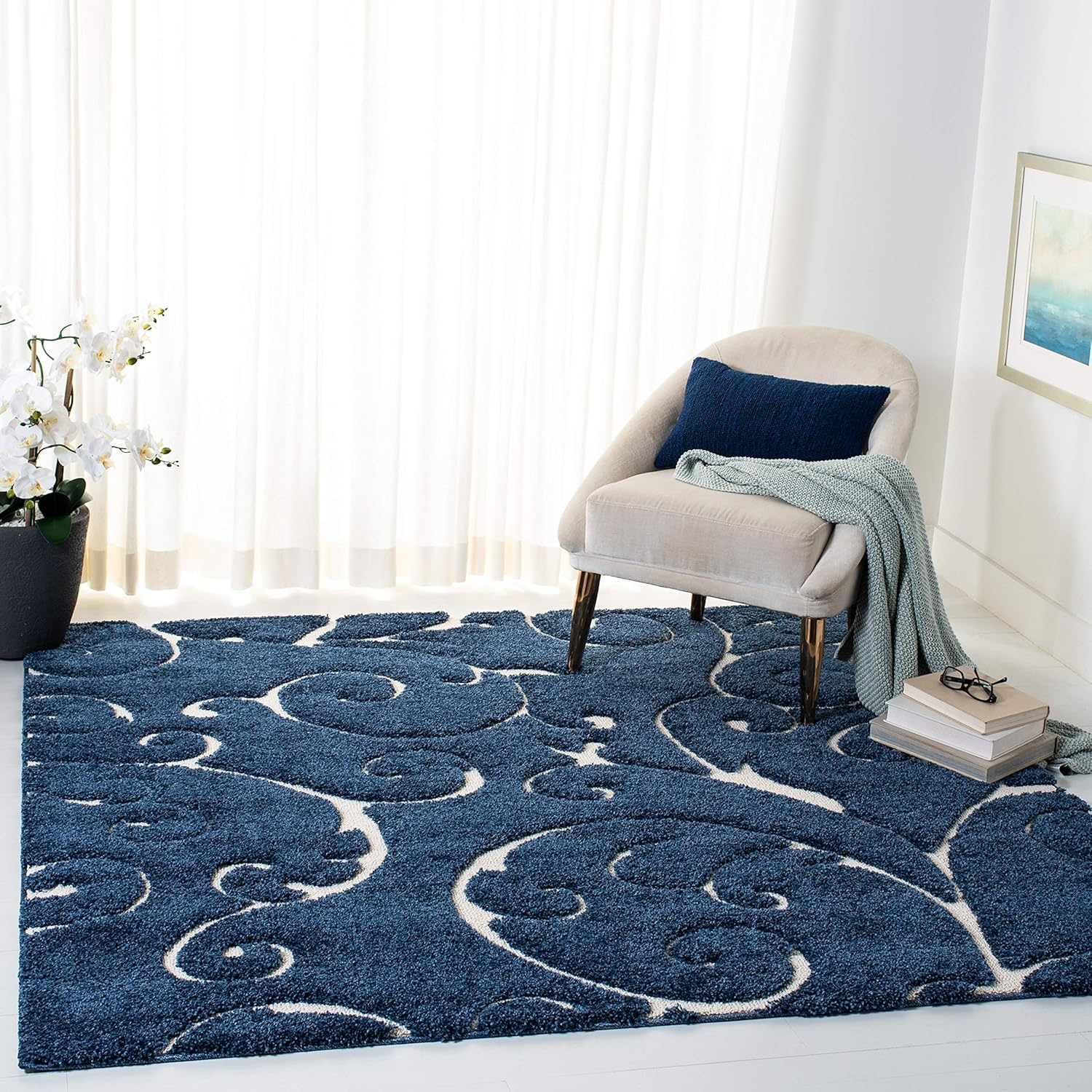 SAFAVIEH Florida Doug Floral Vines Shag Area Rug, Dark Blue/Cream, 11' x 11' Square