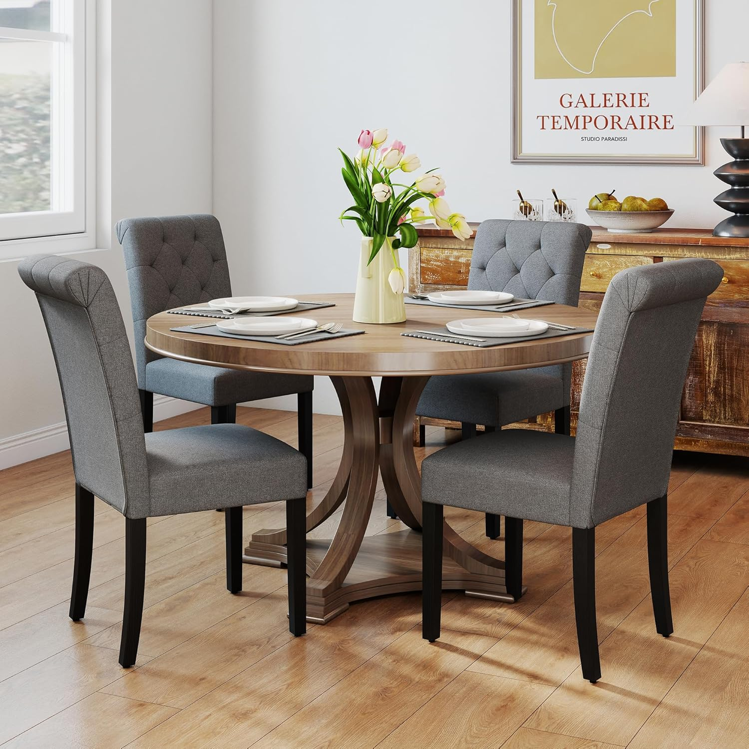 Westice Dining Room Chairs Set of 4 Upholstered Fabric Kitchen Chairs Dining Room Side Chair with Nailhead Trim and Rubber Wood Legs for Small Space Apartment, Light Gray