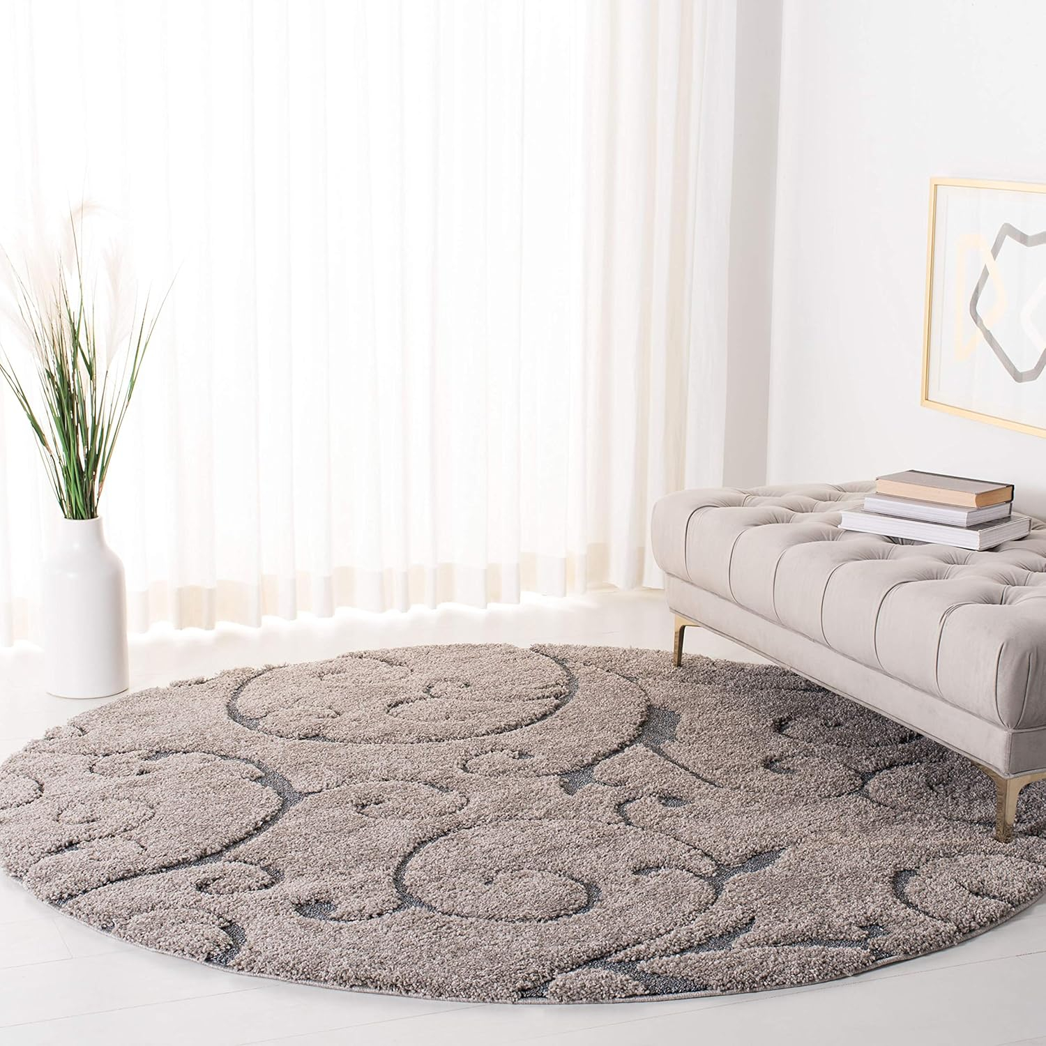 SAFAVIEH Florida Doug Floral Vines Shag Area Rug, Grey/Light Blue, 10' x 10' Round