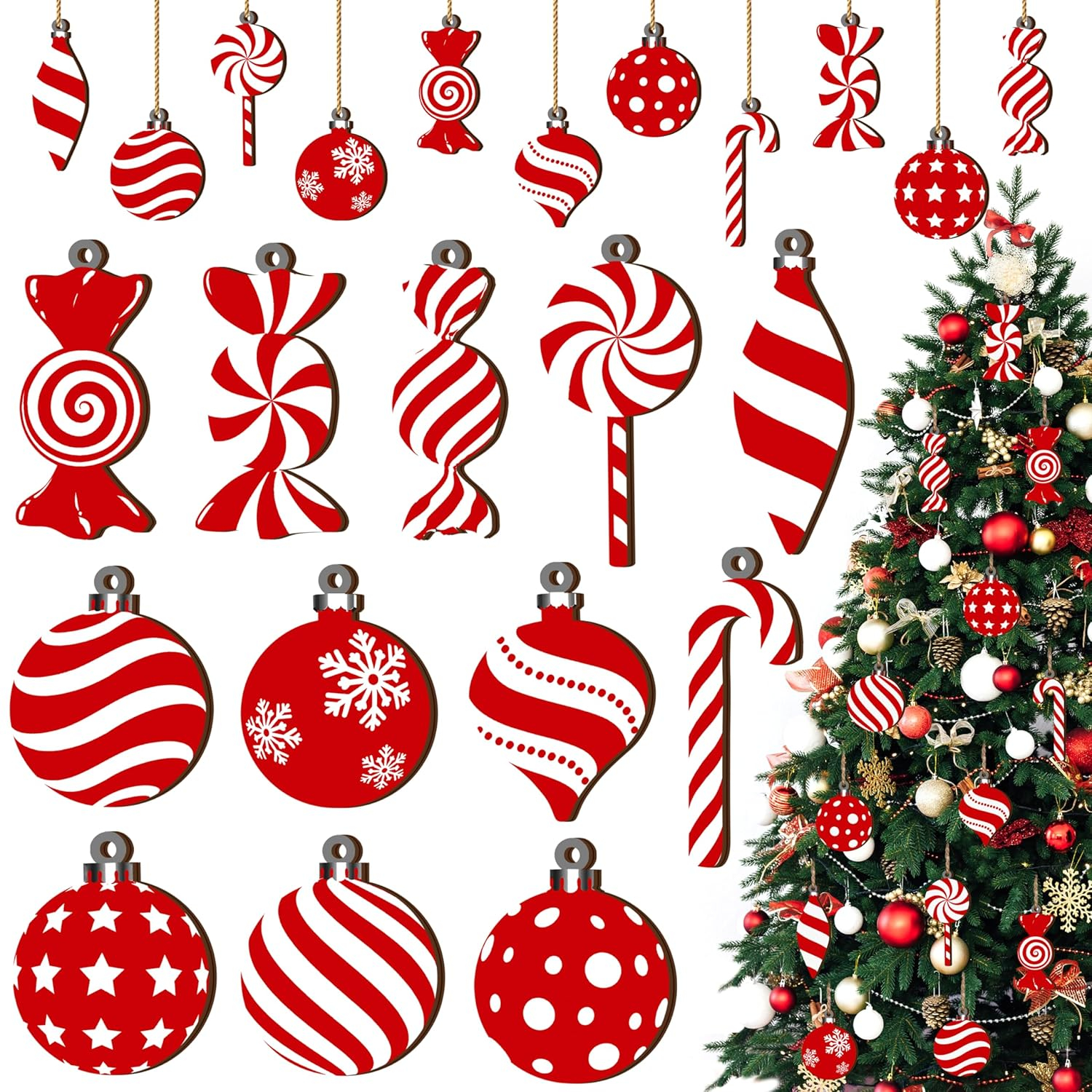 24Pcs Christmas Candy Hanging Ornaments, Wood Christmas Ornament Peppermint Lollipop Tree Ornaments with Rope, Leodye Clearance Black of Friday Christmas Special Offers