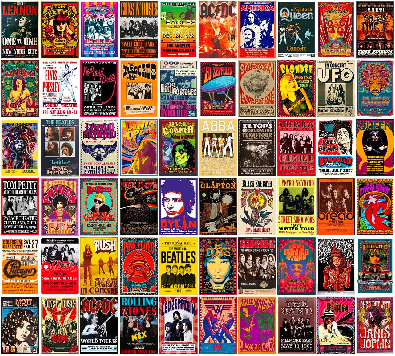 WOONKIT 60 PC Vintage Rock Band Posters, 70s 80s 90s Retro Concert Prints, Bedroom Wall Art, Album Cover Collage, 4x6 Inch (Set of 60)