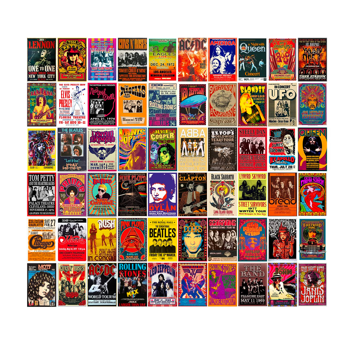 WOONKIT 60 PC Vintage Rock Band Posters, 70s 80s 90s Retro Concert Prints, Bedroom Wall Art, Album Cover Collage, 4x6 Inch (Set of 60)