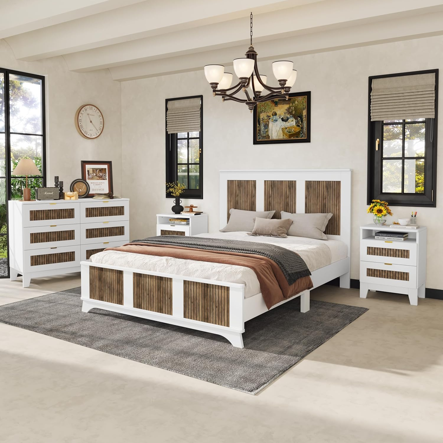 4 Pieces Bedroom Sets Queen Size Farmhouse Platform Bed with Wooden Strip Decoration, 2 Storage Nightstands and A 6-Drawer Dresser with Metal Handle for Kids Teens Adults - White