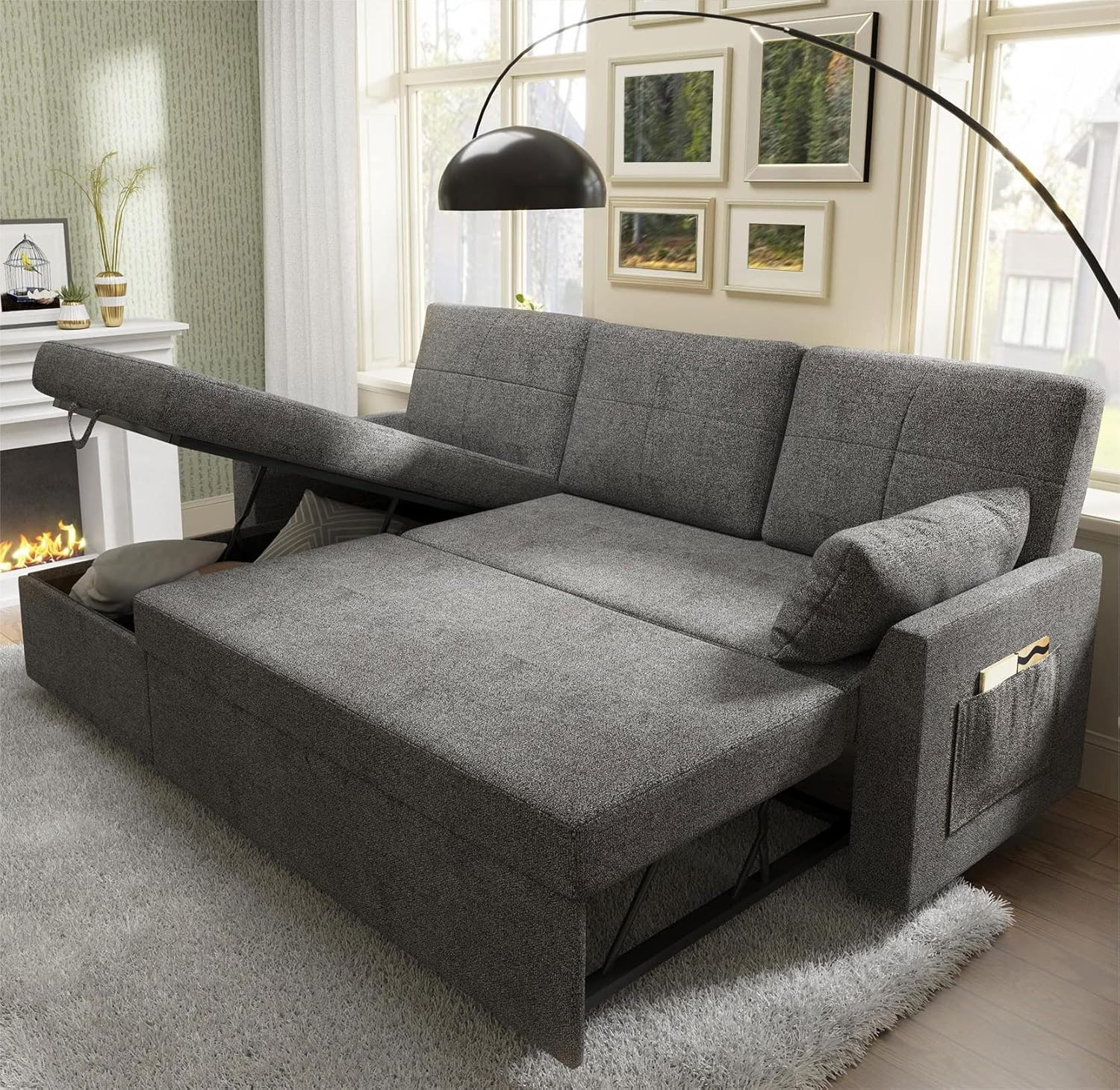 VANACC Sofa Bed, Sleeper Sofa with Storage Chaise-2 in 1 Pull Out Couch Bed for Living Room, Sectional Couch with Pull Out Bed Gray