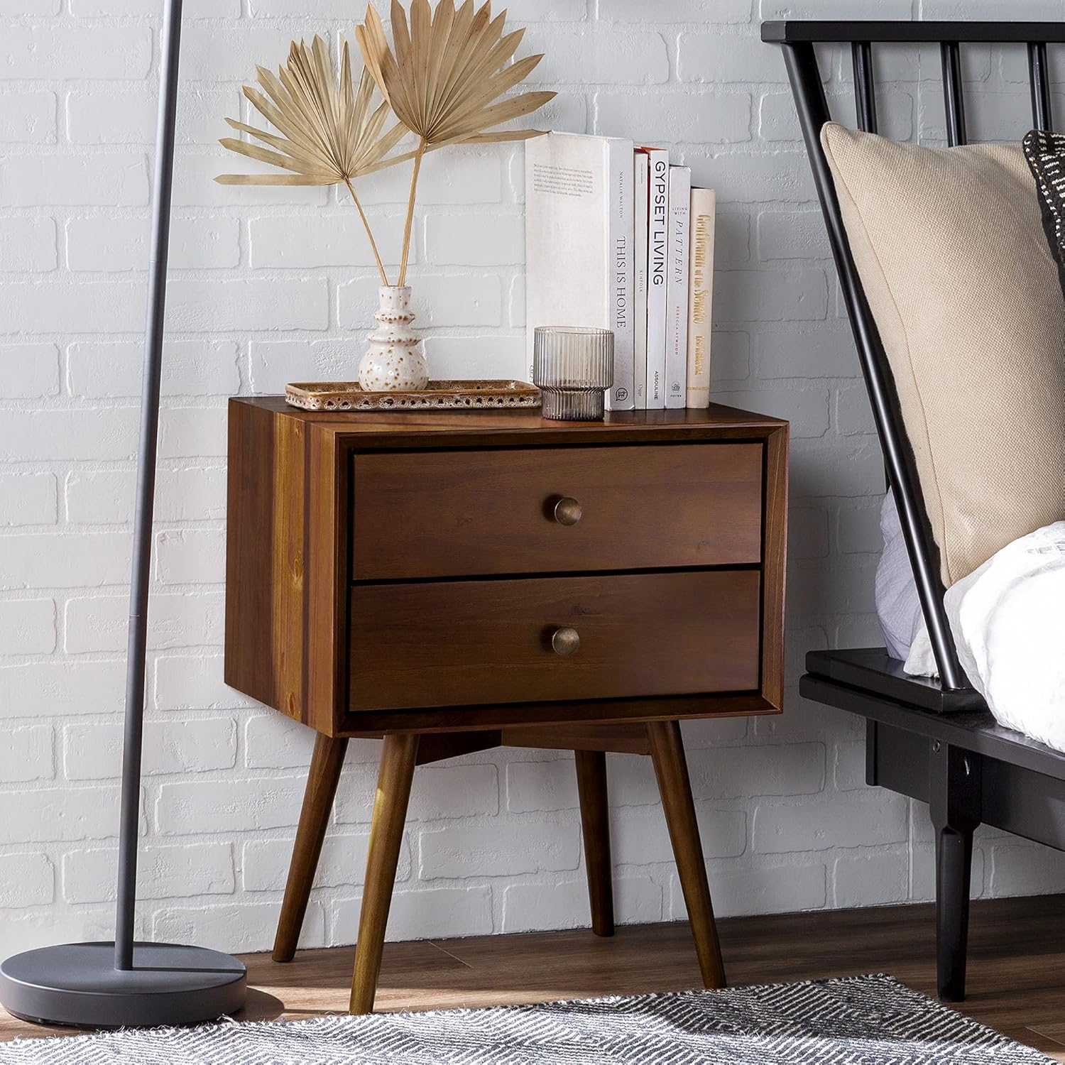 Walnut Pine Wood 2-Drawer Mid-Century Modern Nightstand