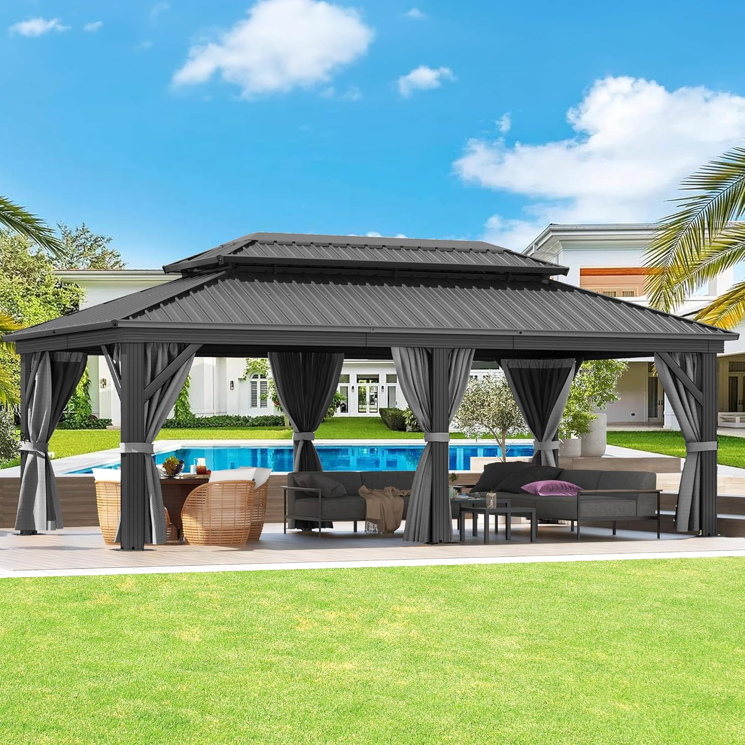 Aoxun 12x20 Hardtop Gazebo, Outdoor Galvanized Steel Double Roof Canopy with Netting and Curtains for Garden, Patio, Lawns, Gray