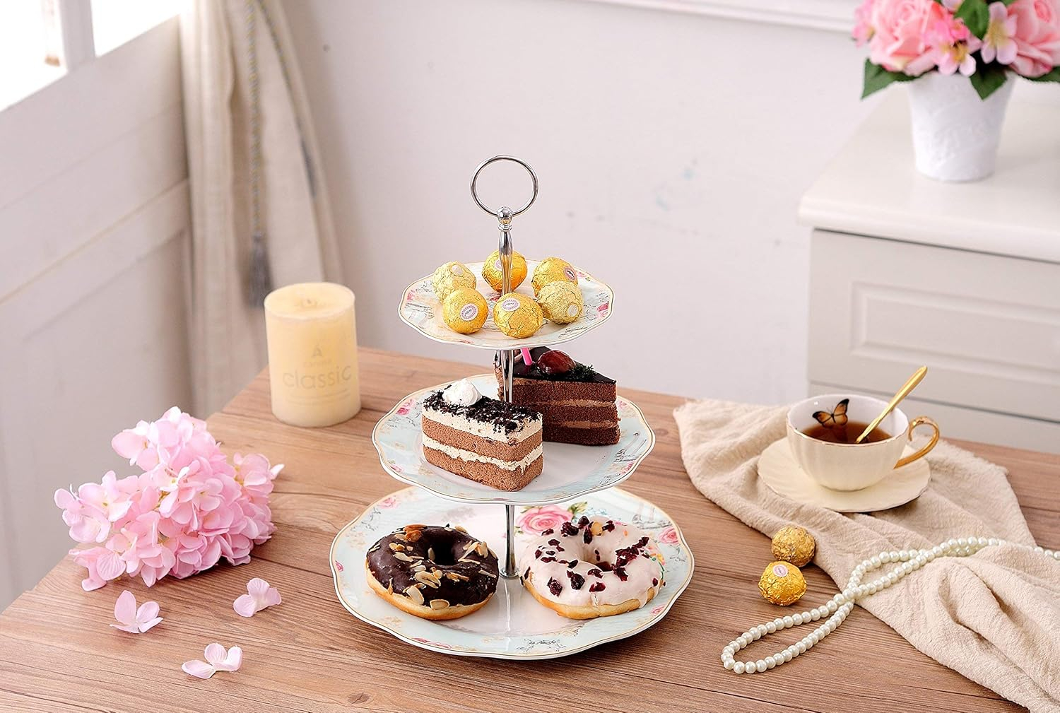 Jusalpha Light Blue 3-tier Ceramic Cake Stand- Cupcake Stand- Tea Party Pastry Serving Platter Comes In a Gift Box- Free Sugar Tong (FD-QD3T)