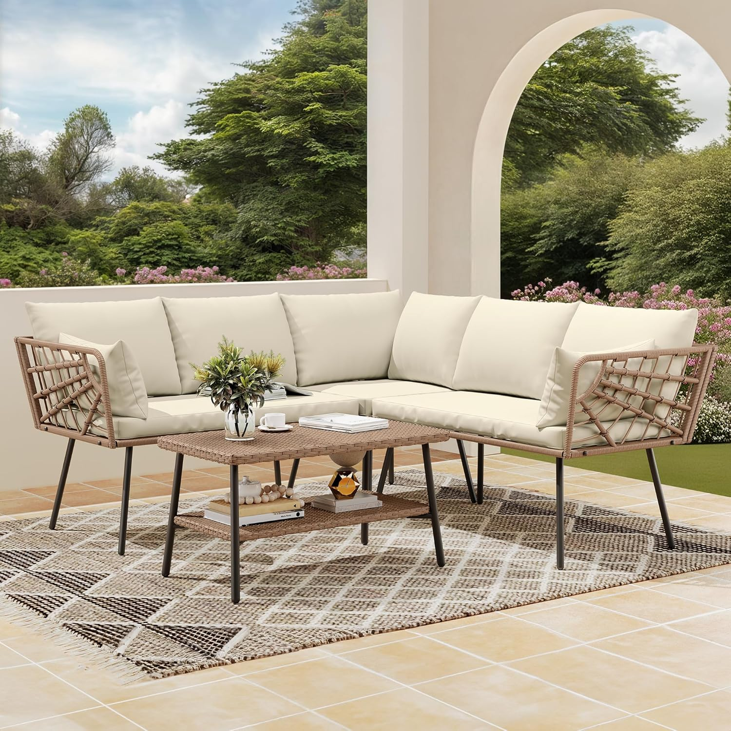 DWVO Patio Loveseat, All-Weather Wicker Rattan Patio Sofa for Balcony, Backyard, Pool, Porch, Deck, Outdoor Sectional Furniture with Cushions (Beige)