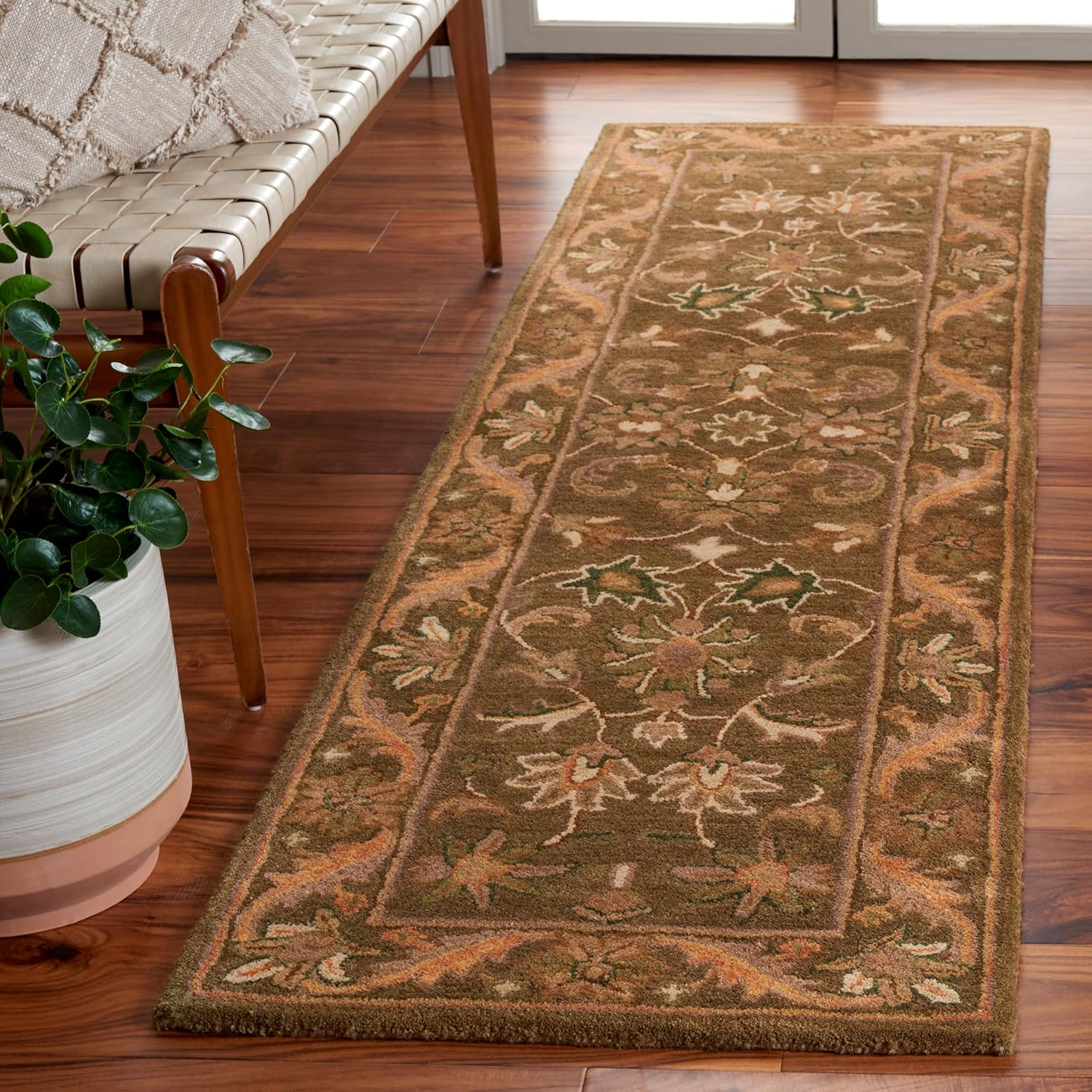 SAFAVIEH Antiquity Carmella Floral Bordered Wool Runner Rug, Olive/Gold, 2'3" x 16'