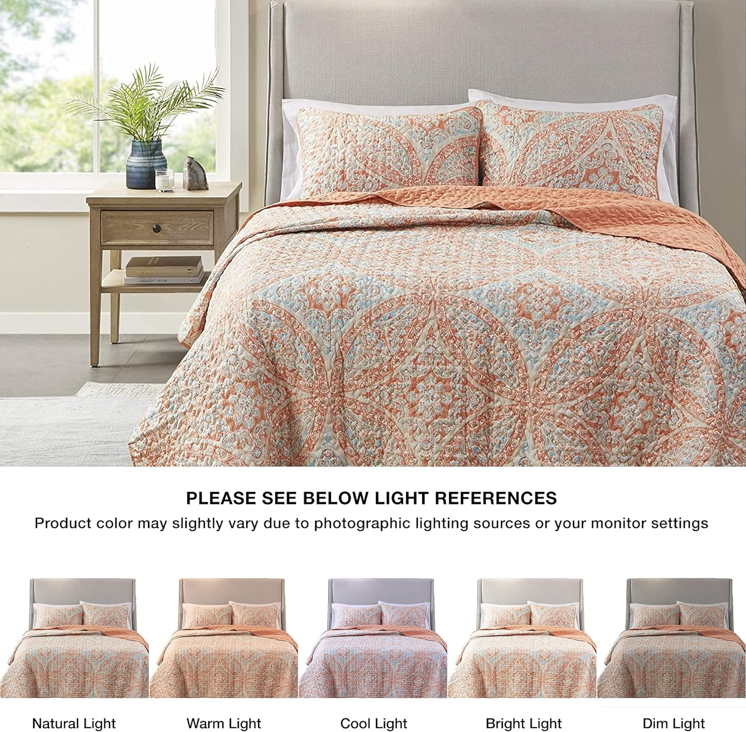 Comfort Spaces Reversible Quilt Set-Vermicelli Stitching Design All Season, Lightweight, Coverlet Bedspread Bedding, Matching Shams, Full/Queen (90 in x 90 in), Gloria Damask Coral 3 Piece
