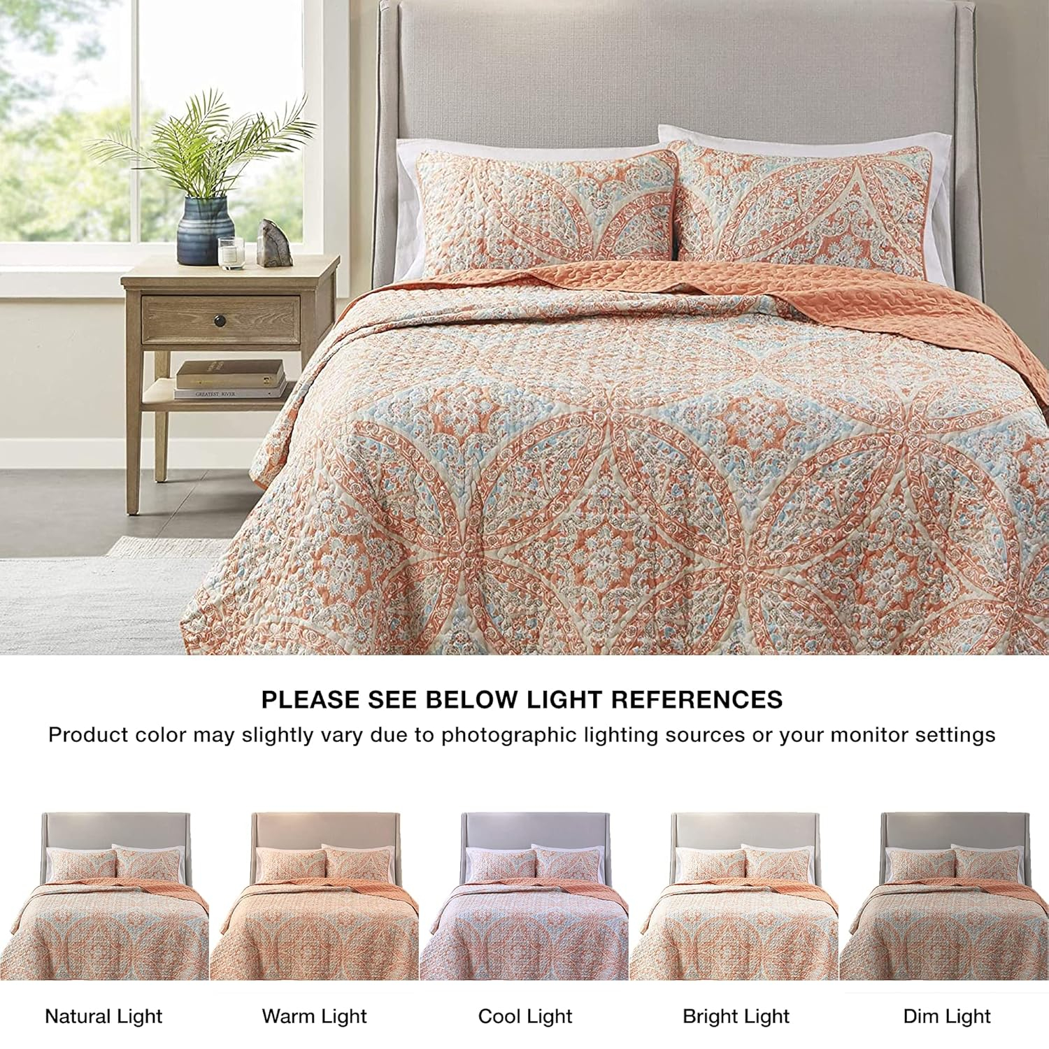 Gloria Damask Coral Reversible Microfiber Quilt Set Full