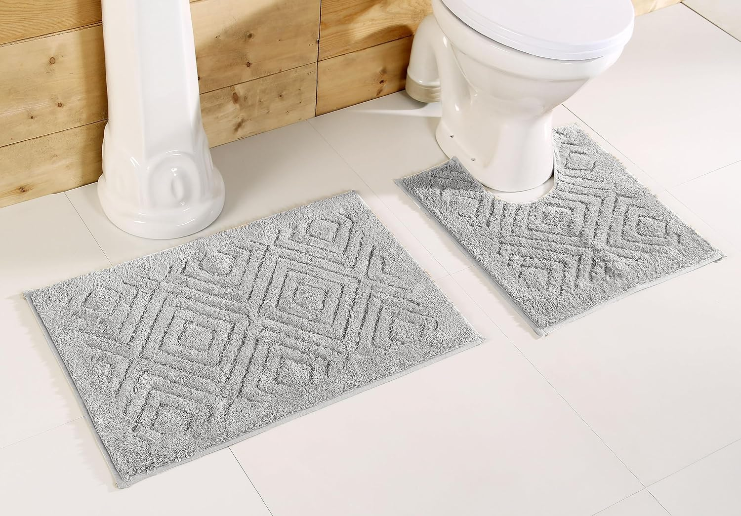Better Trends 2 Piece Bathroom Rug Set 100% Cotton Non-Slip Washable Bath Mat, Soft & Absorbent Bath Rugs for Bath Room, Shower, Bathtub & Spa Floors Silver Trier Collection