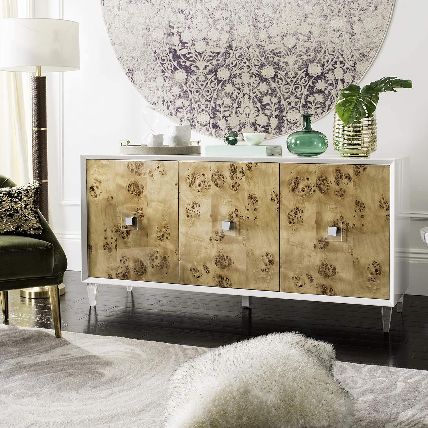Lazaro Contemporary White Lacquer & Burlwood Buffet Sideboard