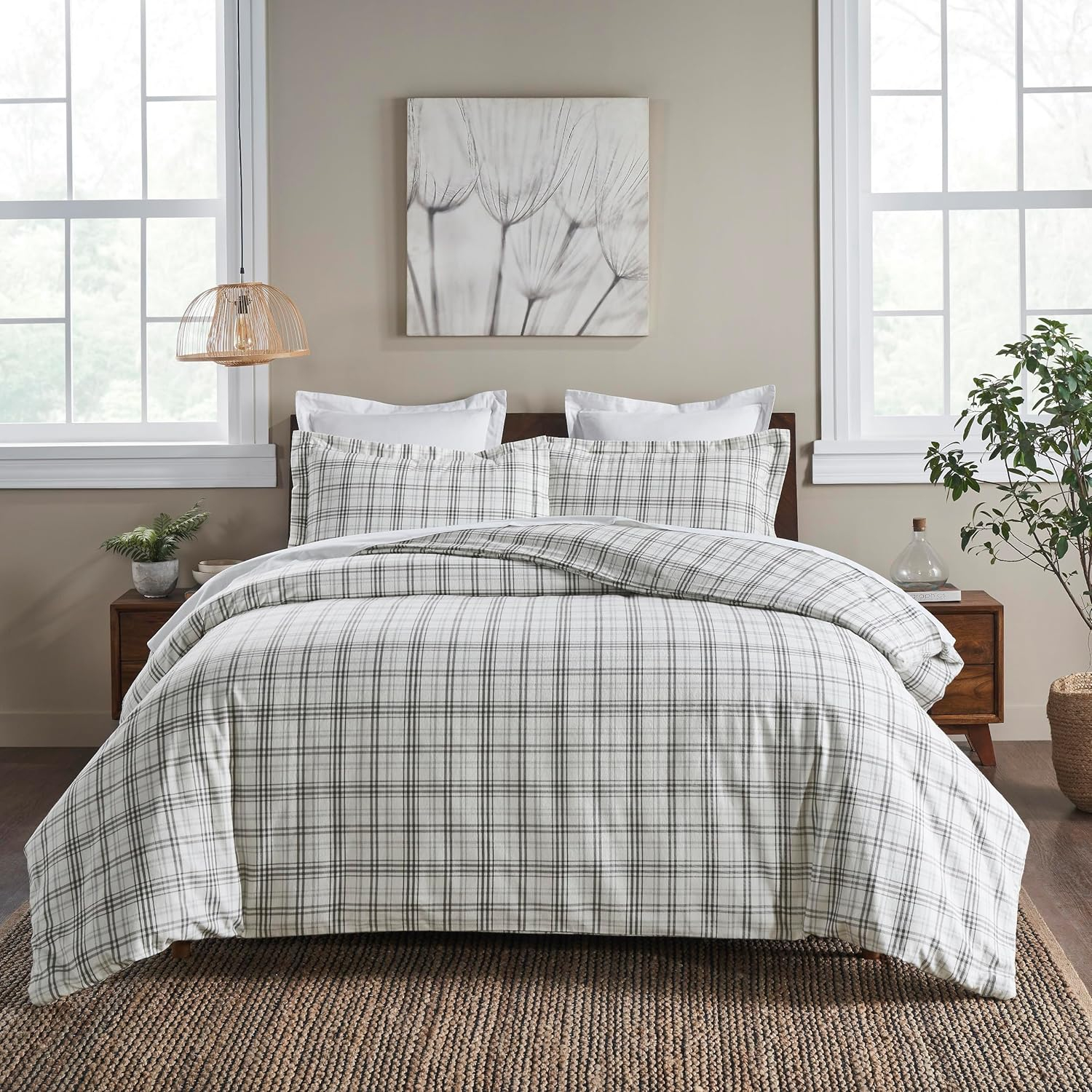 Superior Plaid Flannel Cotton Duvet Set, Fuzzy Warm Duvet Cover, Rustic Farmhouse Bedding, Basics, Comforter Cover, Includes 1 Duvet Cover, 2 Pillow Shams, King/California King, Charcoal