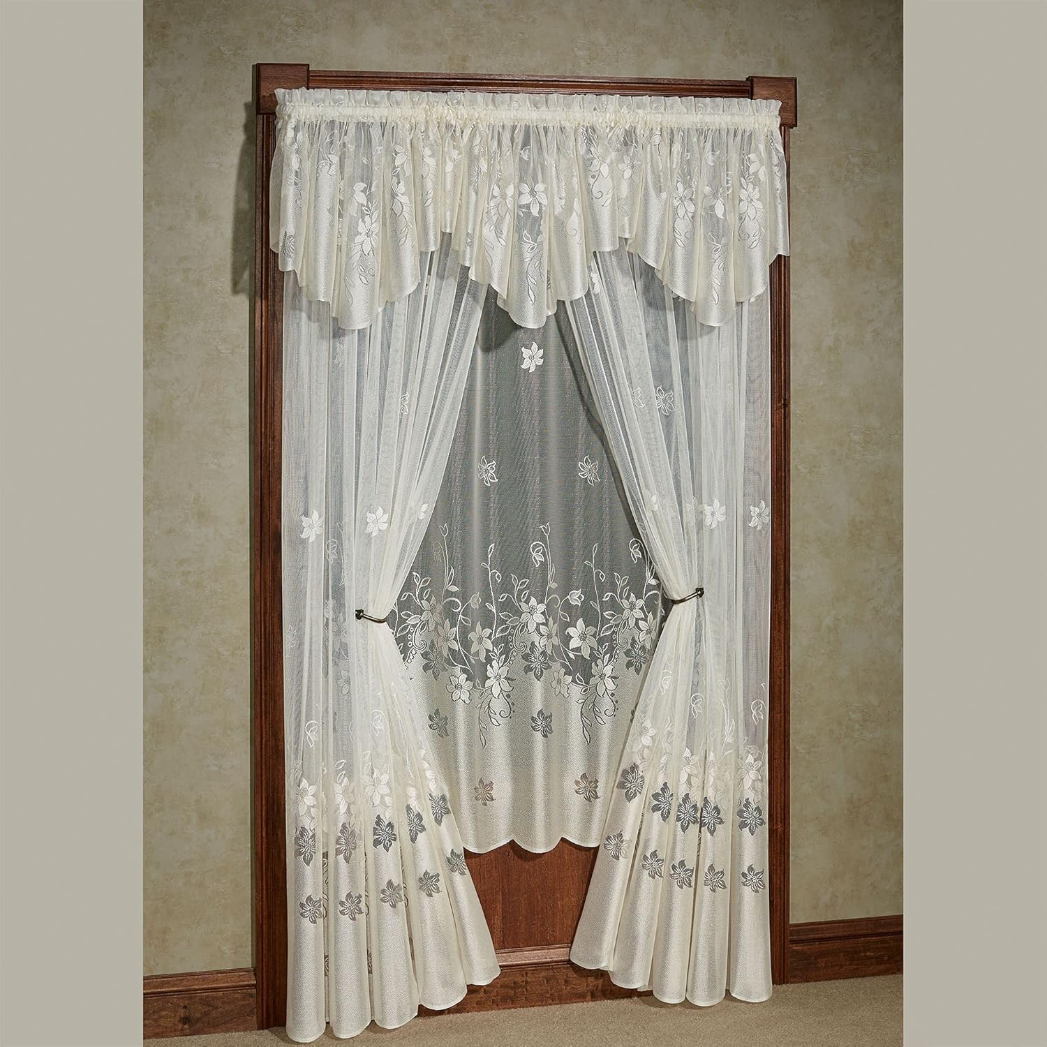Ivory Floral Semi-Sheer Polyester Rod Pocket Curtain Panel 55 x 63 Inches