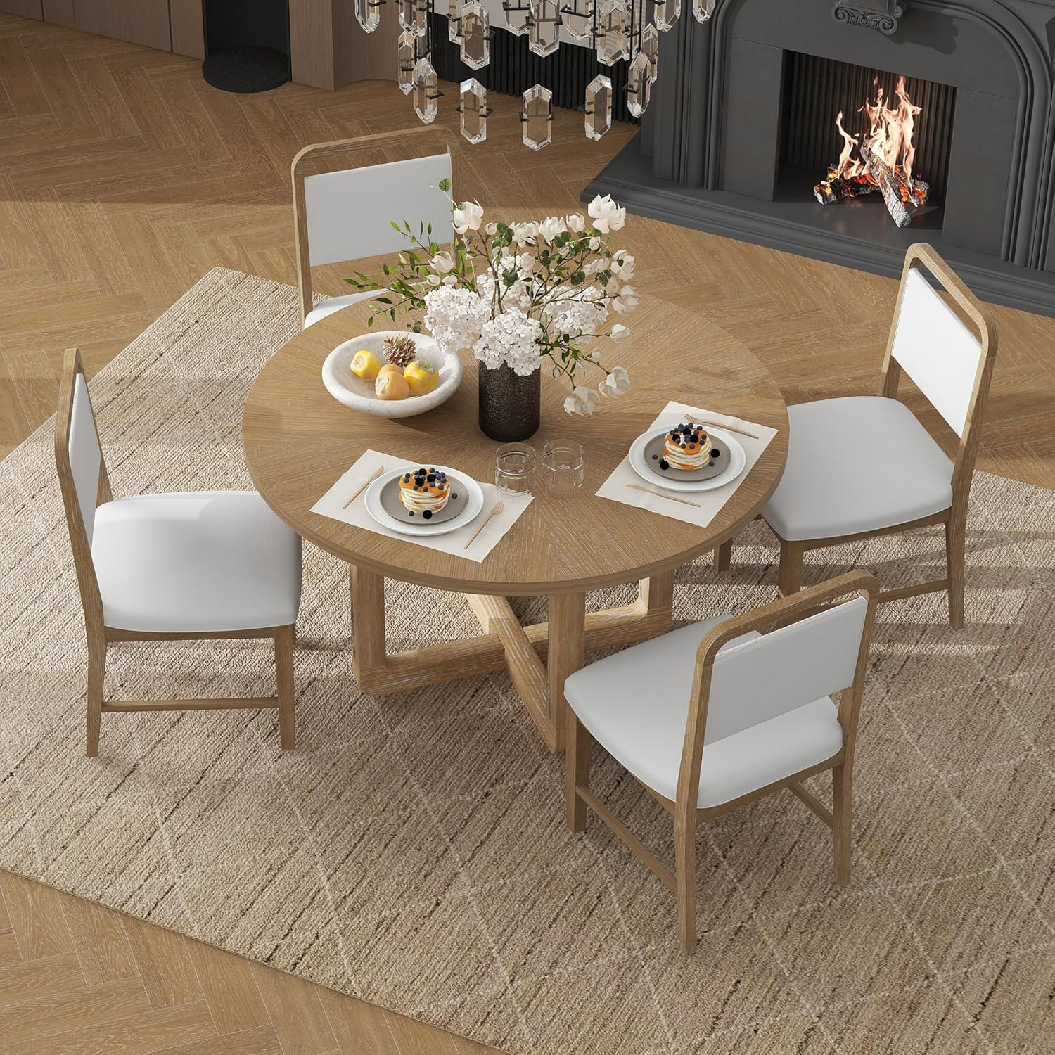 Merax 5-Piece Retro Dining Set, Round Table Top with Radial Wood Grain Design and 4 Upholstered Chairs for Dining Room and Kitchen, Antique Gray