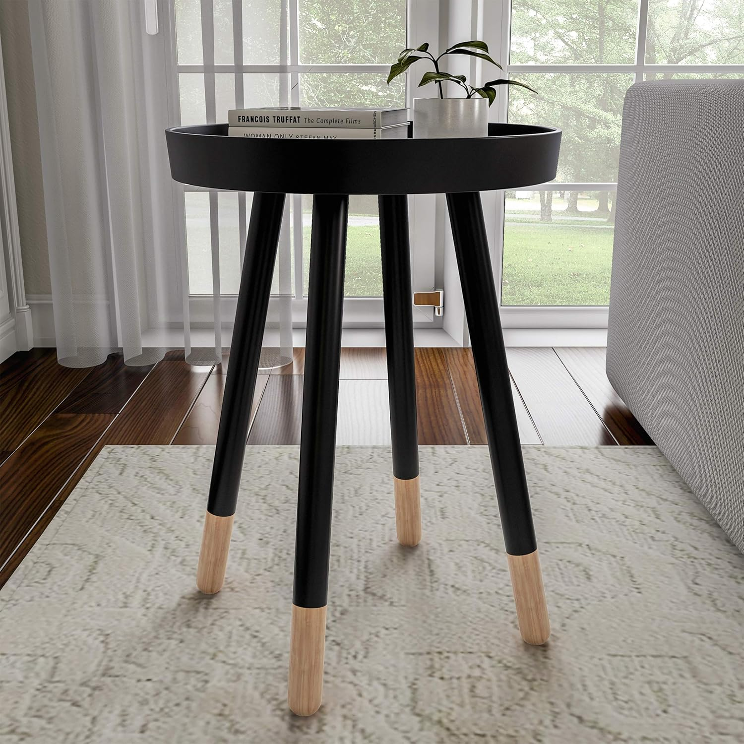 Lavish Home Round Side Table – Modern Wooden Stand with Tray Top, Black