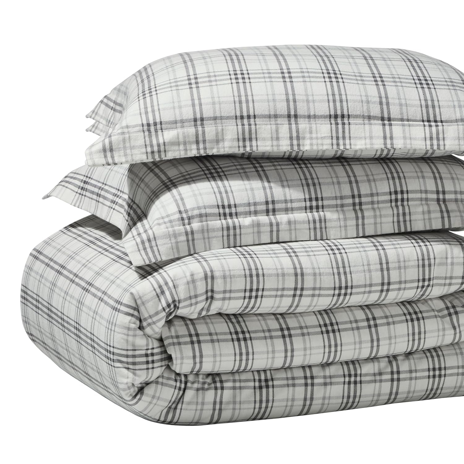 Superior Plaid Flannel Cotton Duvet Set, Fuzzy Warm Duvet Cover, Rustic Farmhouse Bedding, Basics, Comforter Cover, Includes 1 Duvet Cover, 2 Pillow Shams, King/California King, Charcoal